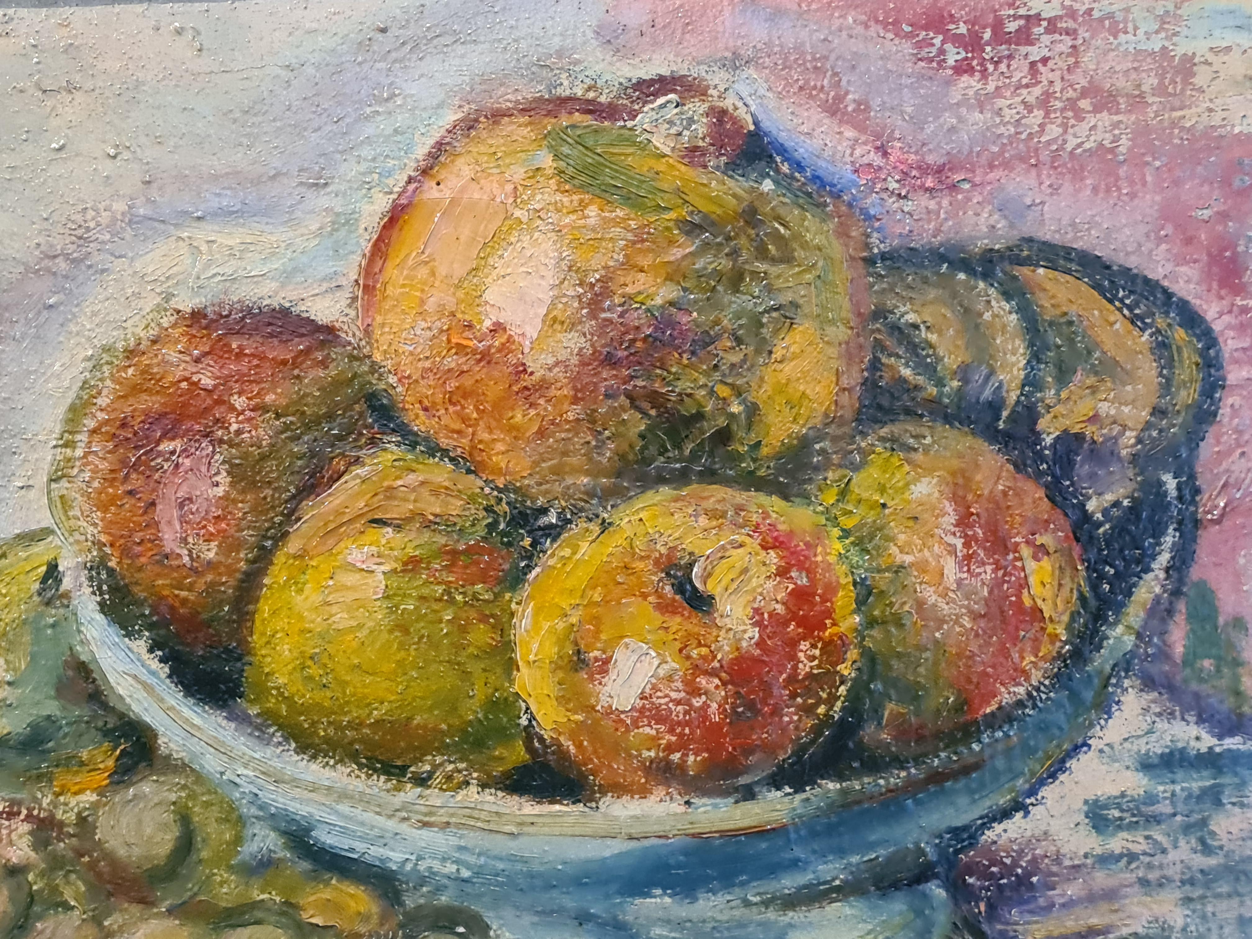 Hommage à Cézanne, Nature morte aux fruits - Post-impressionnisme Painting par Jean Arène
