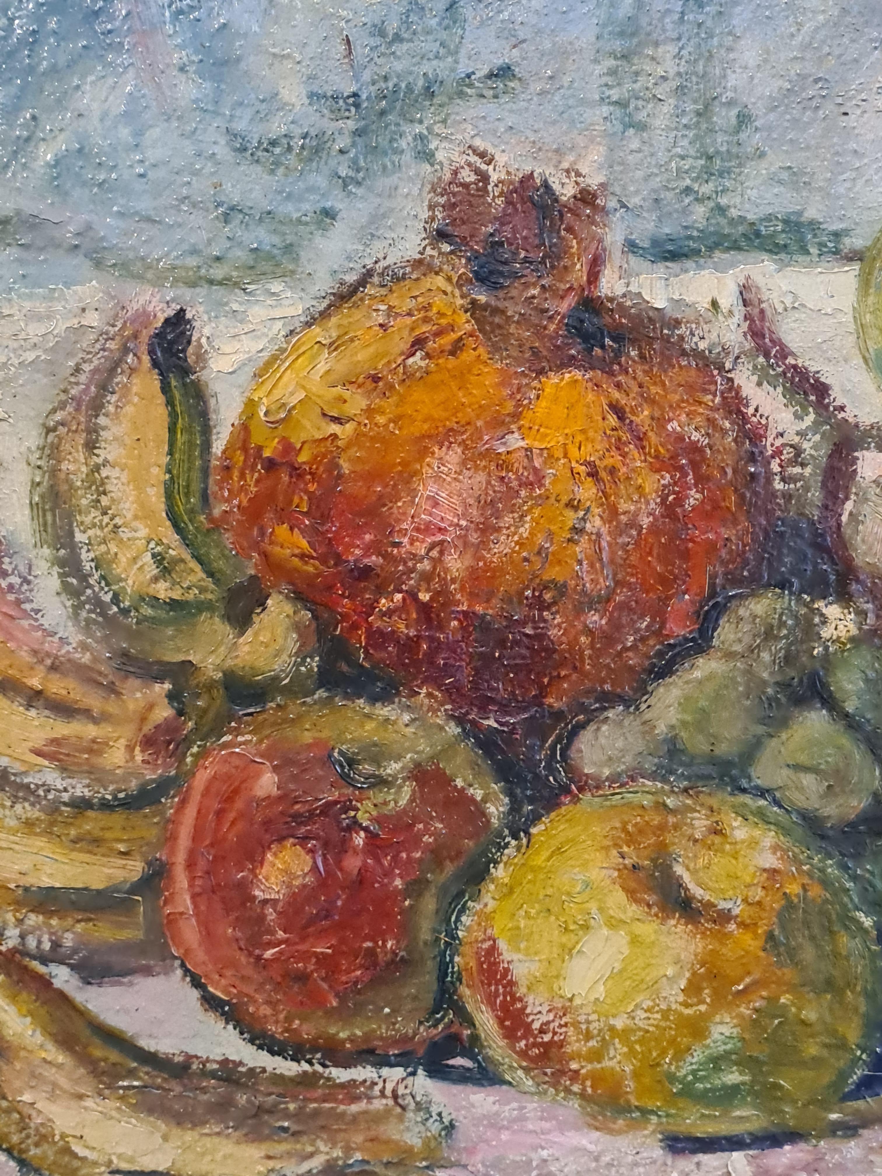 Hommage à Cézanne, Nature morte aux fruits - Marron Interior Painting par Jean Arène
