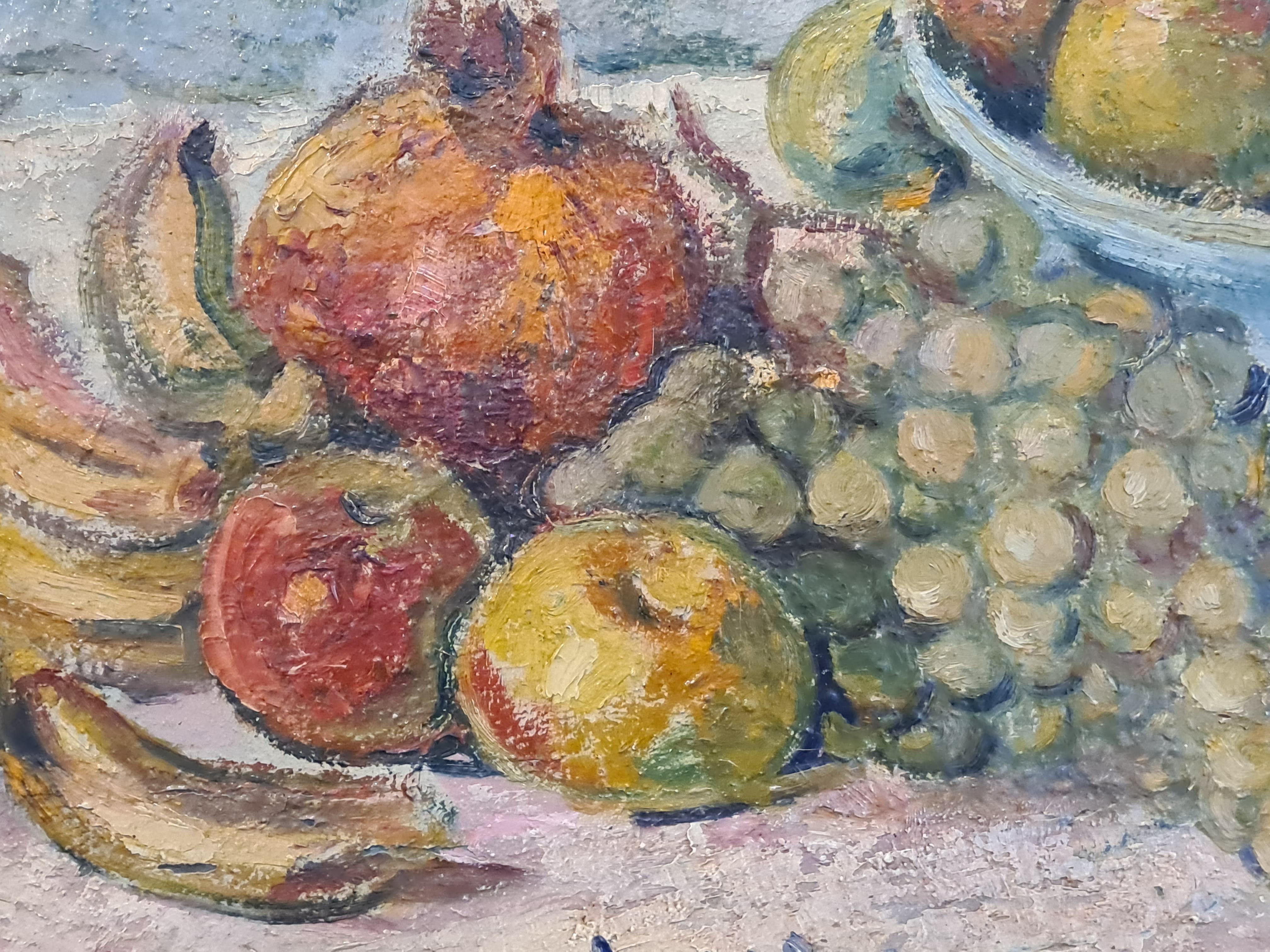 Hommage à Cézanne, Still Life With Fruit - Brown Interior Painting by Jean Arène