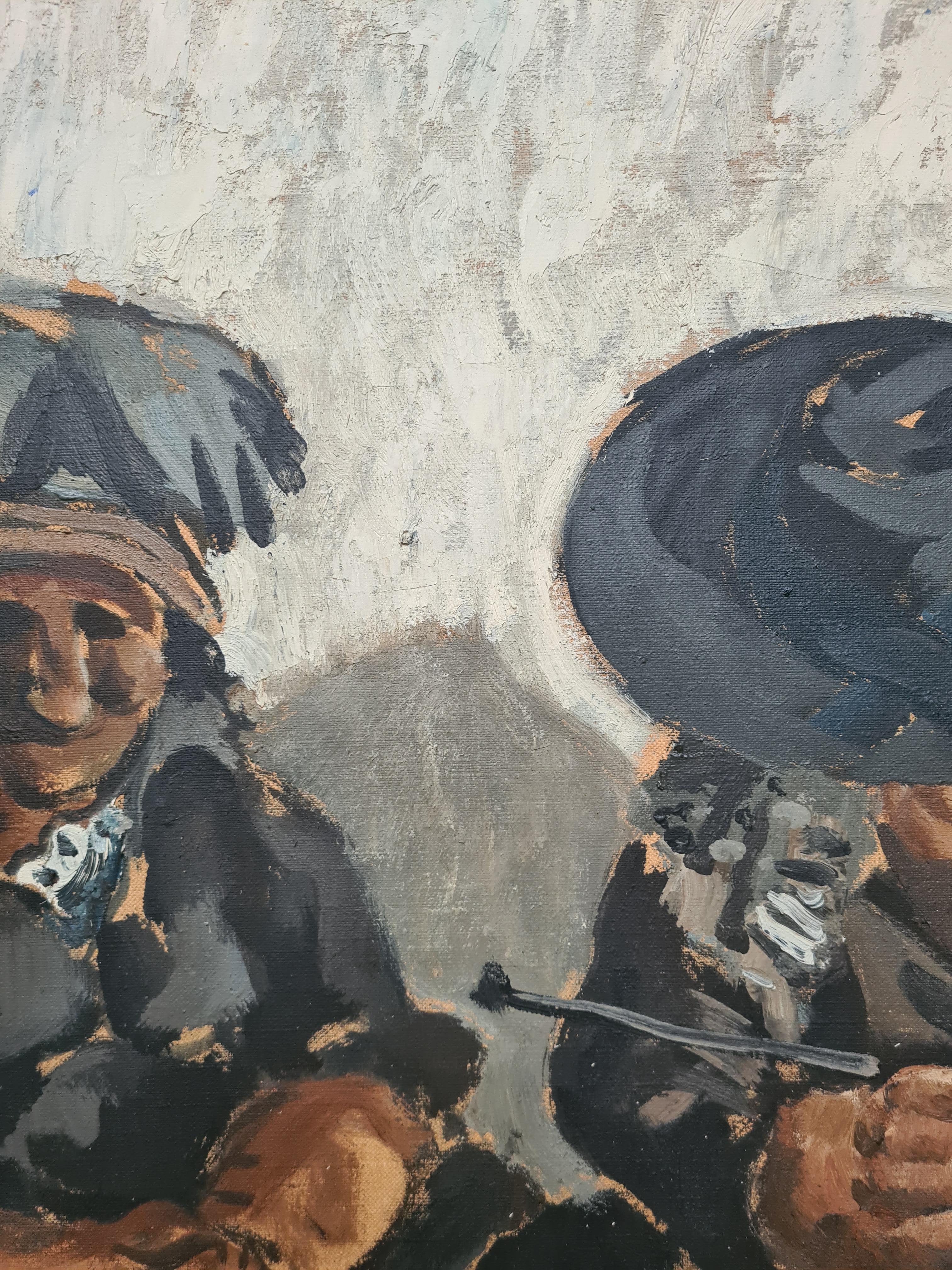 Large Mid Century French Expressionist Double Portrait, The Knitter, LeTricoteur For Sale 6