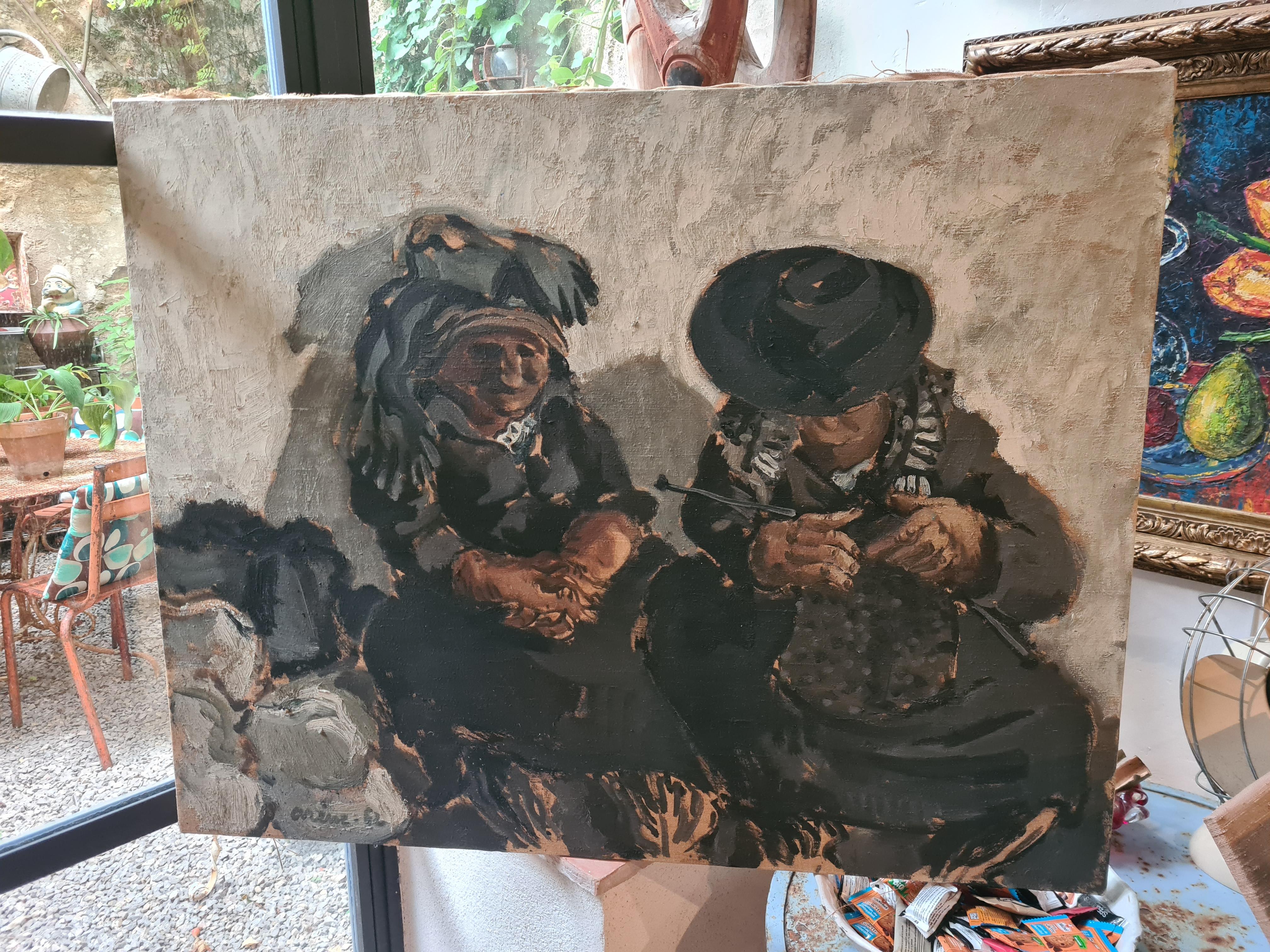 Large Mid Century French Expressionist Double Portrait, The Knitter, LeTricoteur For Sale 7