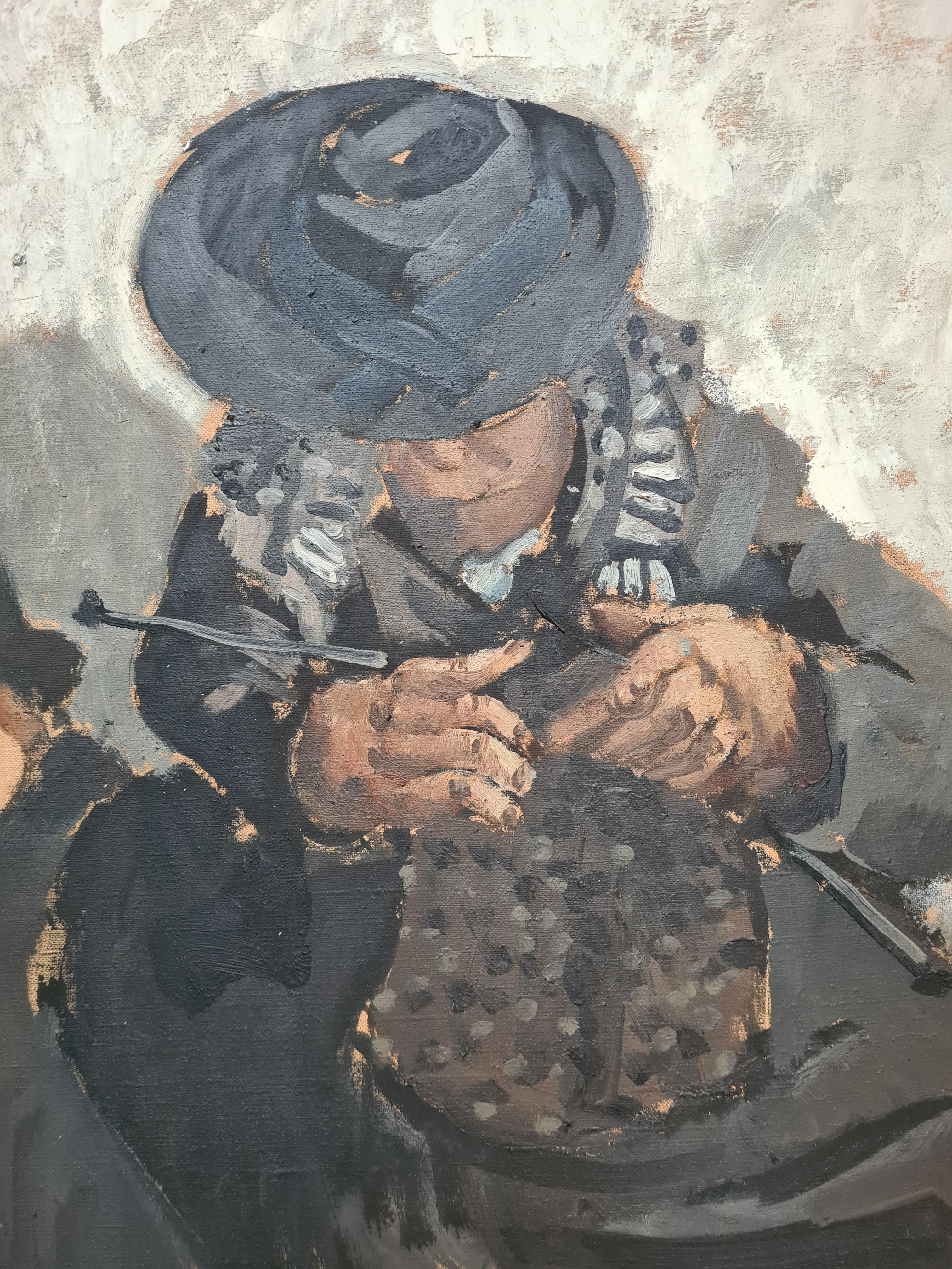 Large Mid Century French Expressionist Double Portrait, The Knitter, LeTricoteur - Painting by Jean Arène