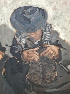 Large Mid Century French Expressionist Double Portrait, The Knitter, LeTricoteur