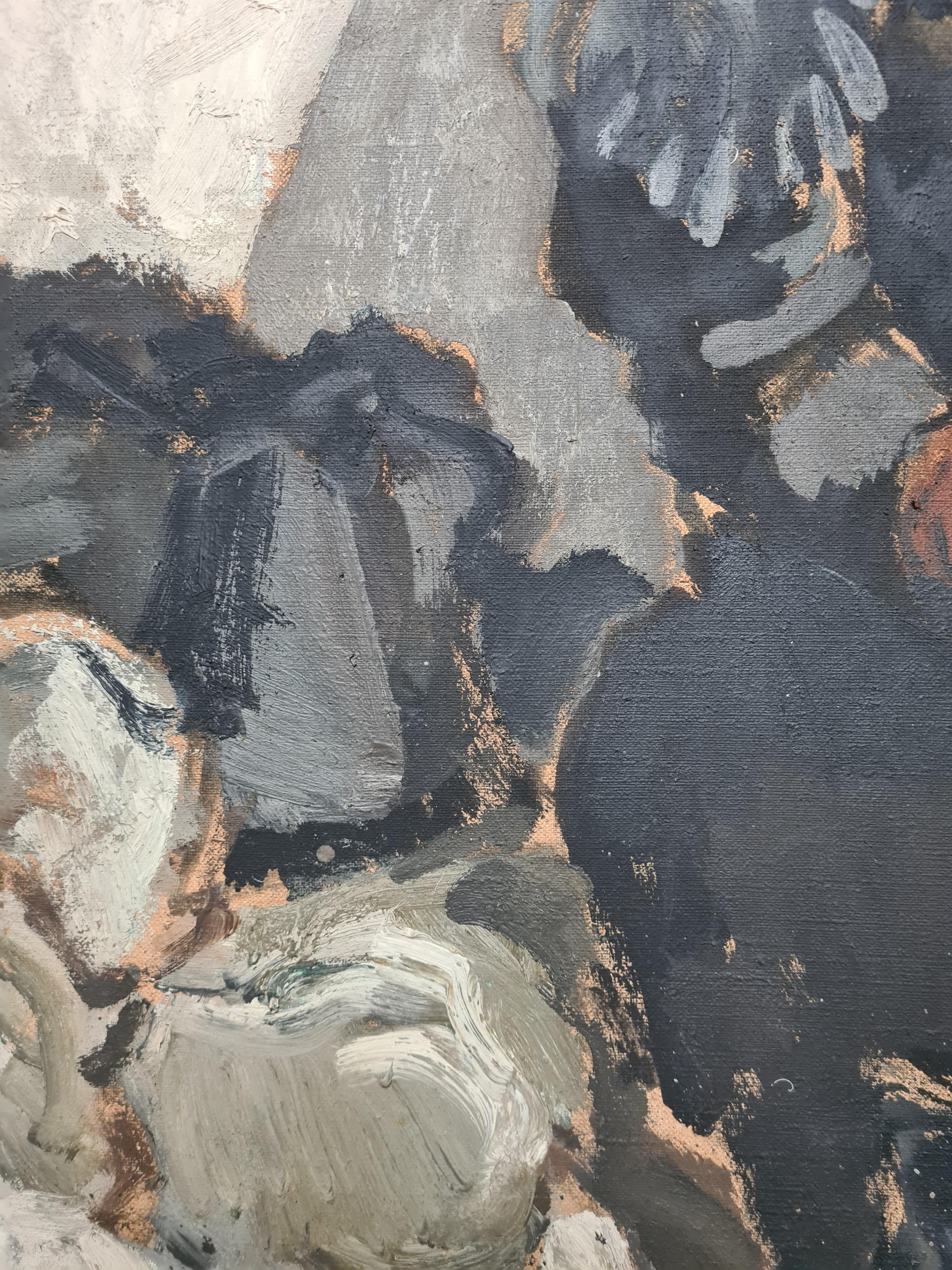 Large Mid Century French Expressionist Double Portrait, The Knitter, LeTricoteur For Sale 1