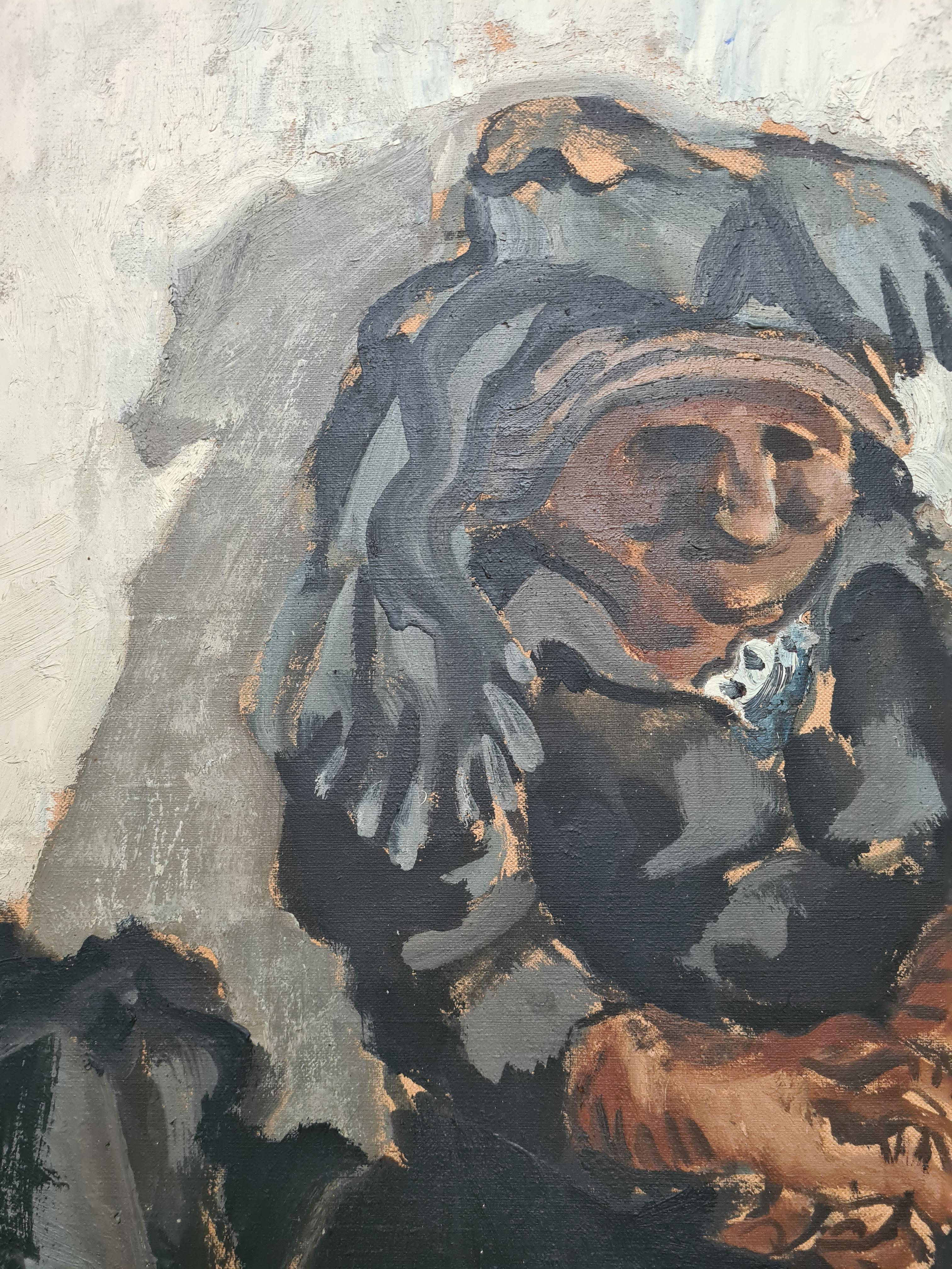Large Mid Century French Expressionist Double Portrait, The Knitter, LeTricoteur For Sale 2