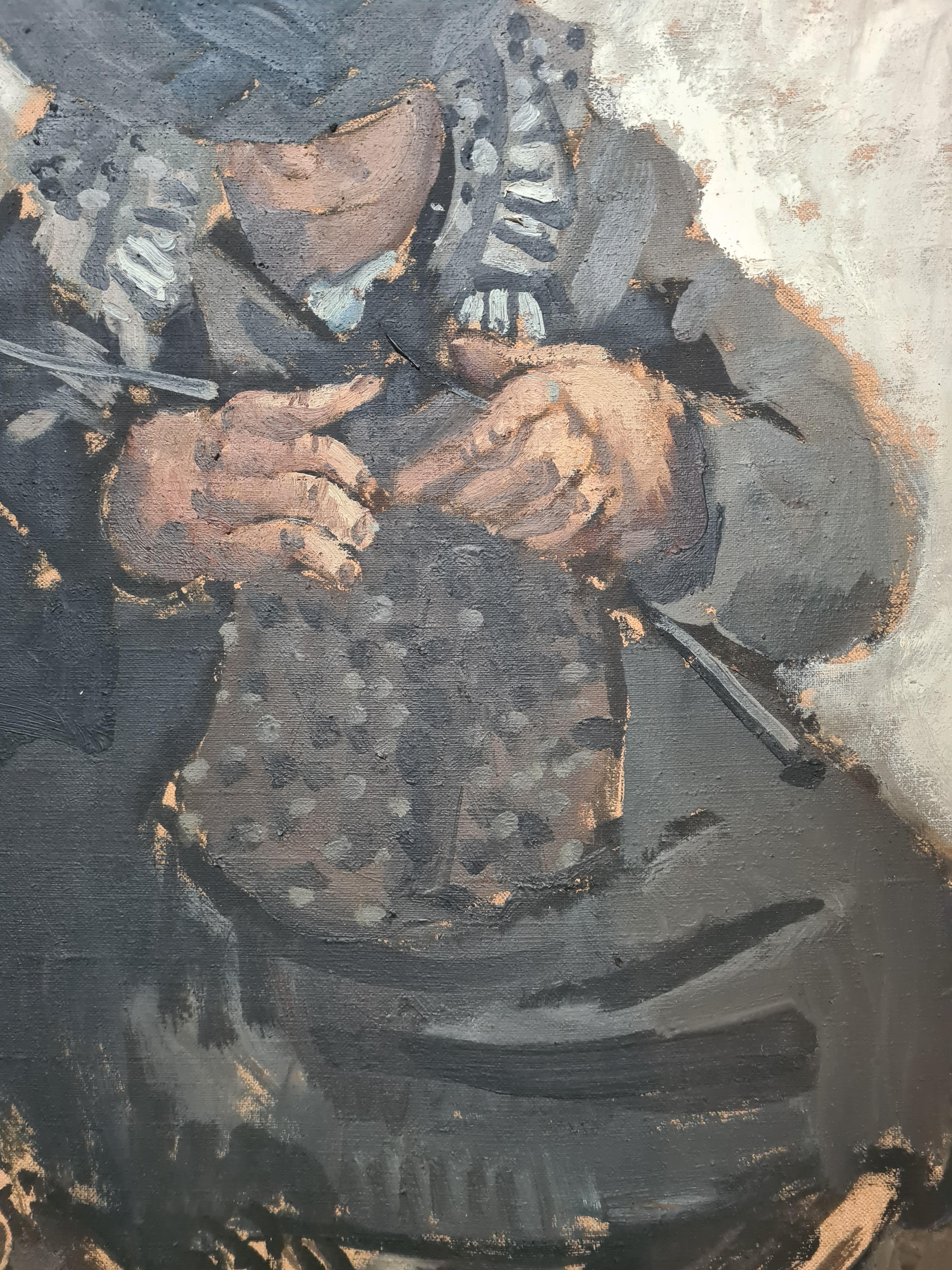 Large Mid Century French Expressionist Double Portrait, The Knitter, LeTricoteur For Sale 3