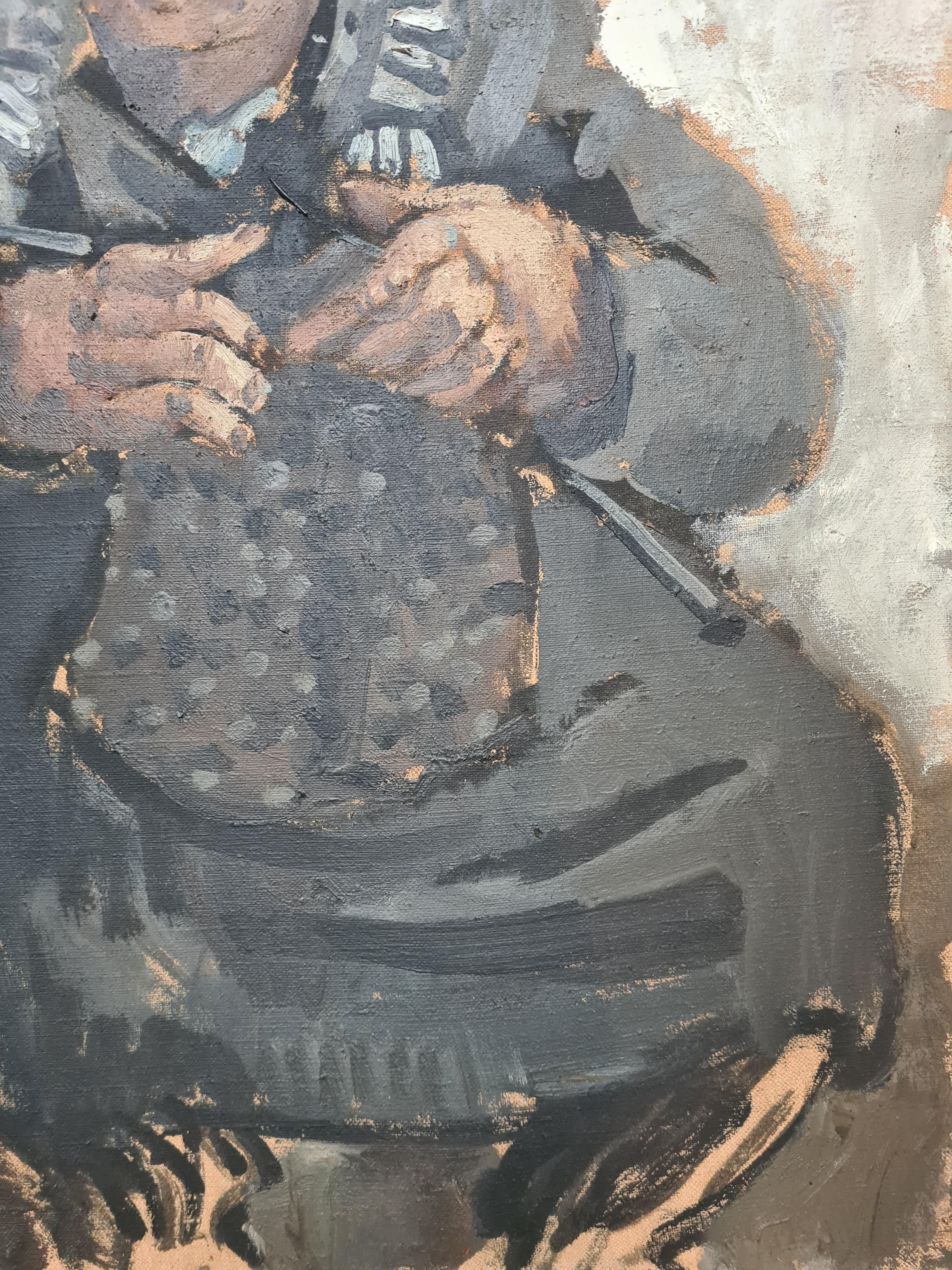 Large Mid Century French Expressionist Double Portrait, The Knitter, LeTricoteur For Sale 4