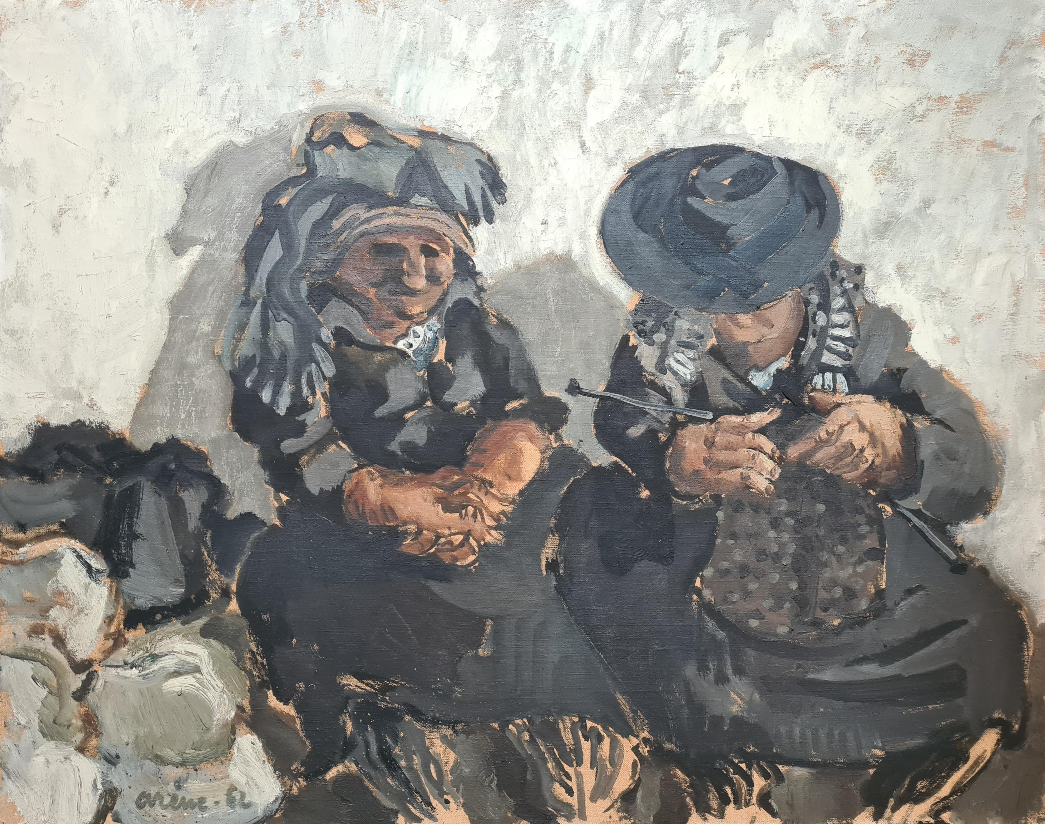 Jean Arène Portrait Painting - Large Mid Century French Expressionist Double Portrait, The Knitter, LeTricoteur