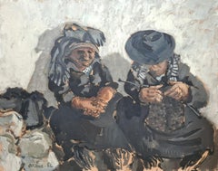 Large Mid Century French Expressionist Double Portrait, The Knitter, LeTricoteur