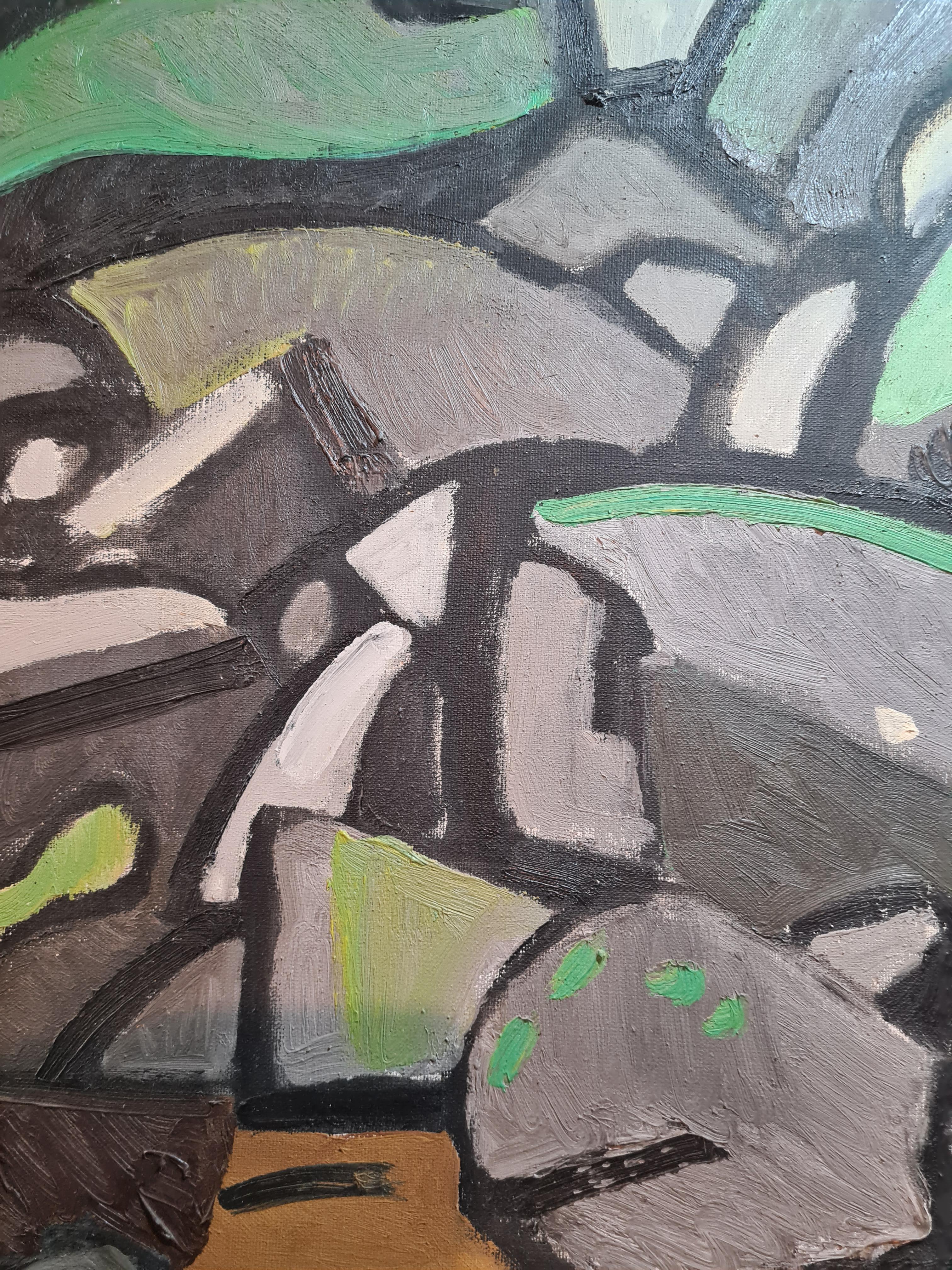 Große französische expressionistische Landschaft aus der Mitte des Jahrhunderts, Les Rochers (Grau), Landscape Painting, von Jean Arène