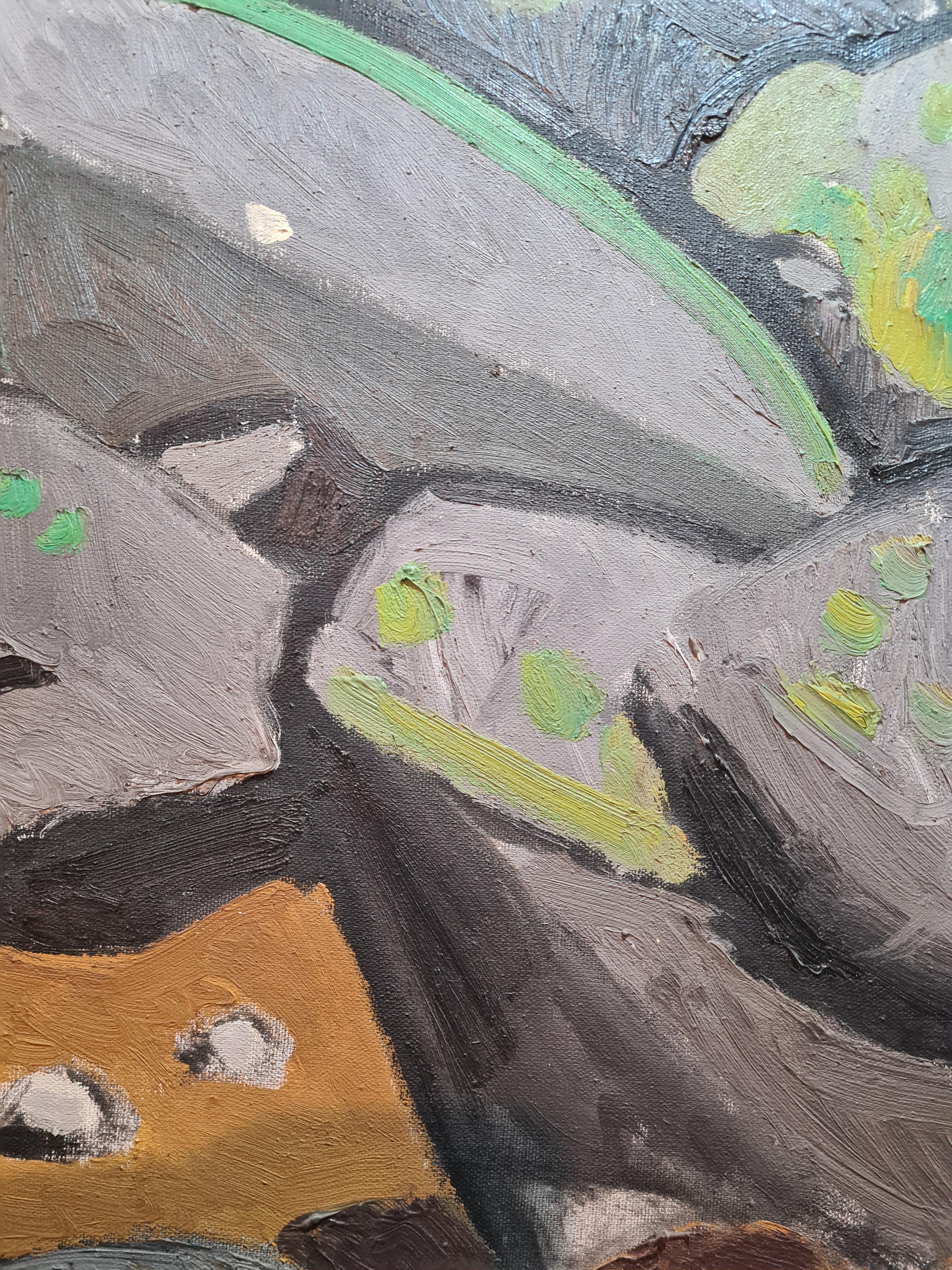 Großes französisches expressionistisches Ölgemälde auf Leinwand mit einer Felsenlandschaft von Jean Arène. Signiert und datiert unten links. Präsentiert in einem originalen weiß bemalten Holzrahmen des Künstlers.

Eine wunderbare Aussicht auf die