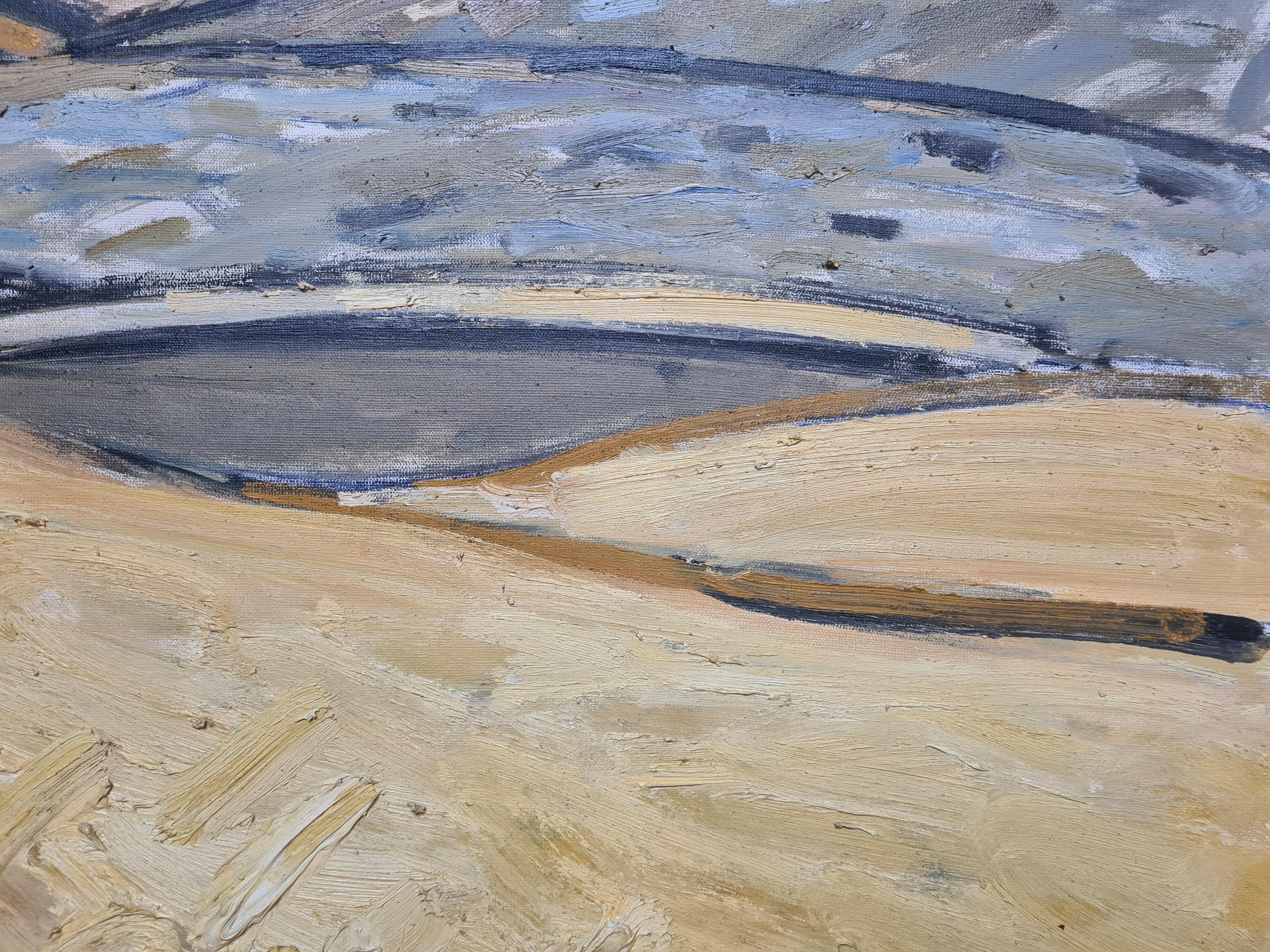 Großes Ölgemälde von Jean Arène im Stil des französischen Expressionismus, das ein goldenes Kornfeld und eine dahinter liegende Landschaft zeigt. Signiert und datiert unten links. Das Gemälde ist auf dem hinteren Keilrahmen betitelt. Präsentiert in