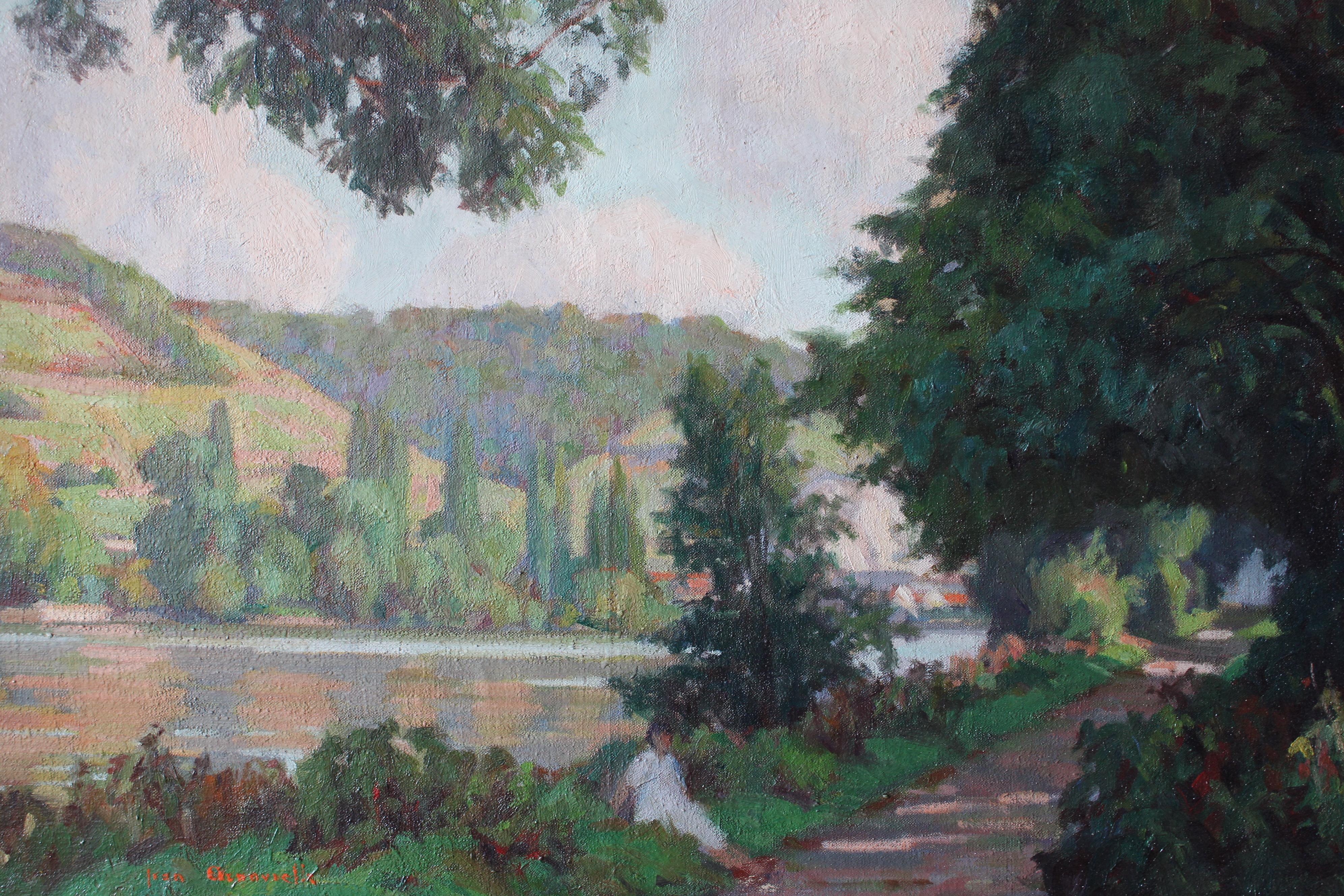 Vintage Post-Impressionist Französisch Landschaft Ölgemälde von einer Frau in der Landschaft – Painting von Jean Arnavielle