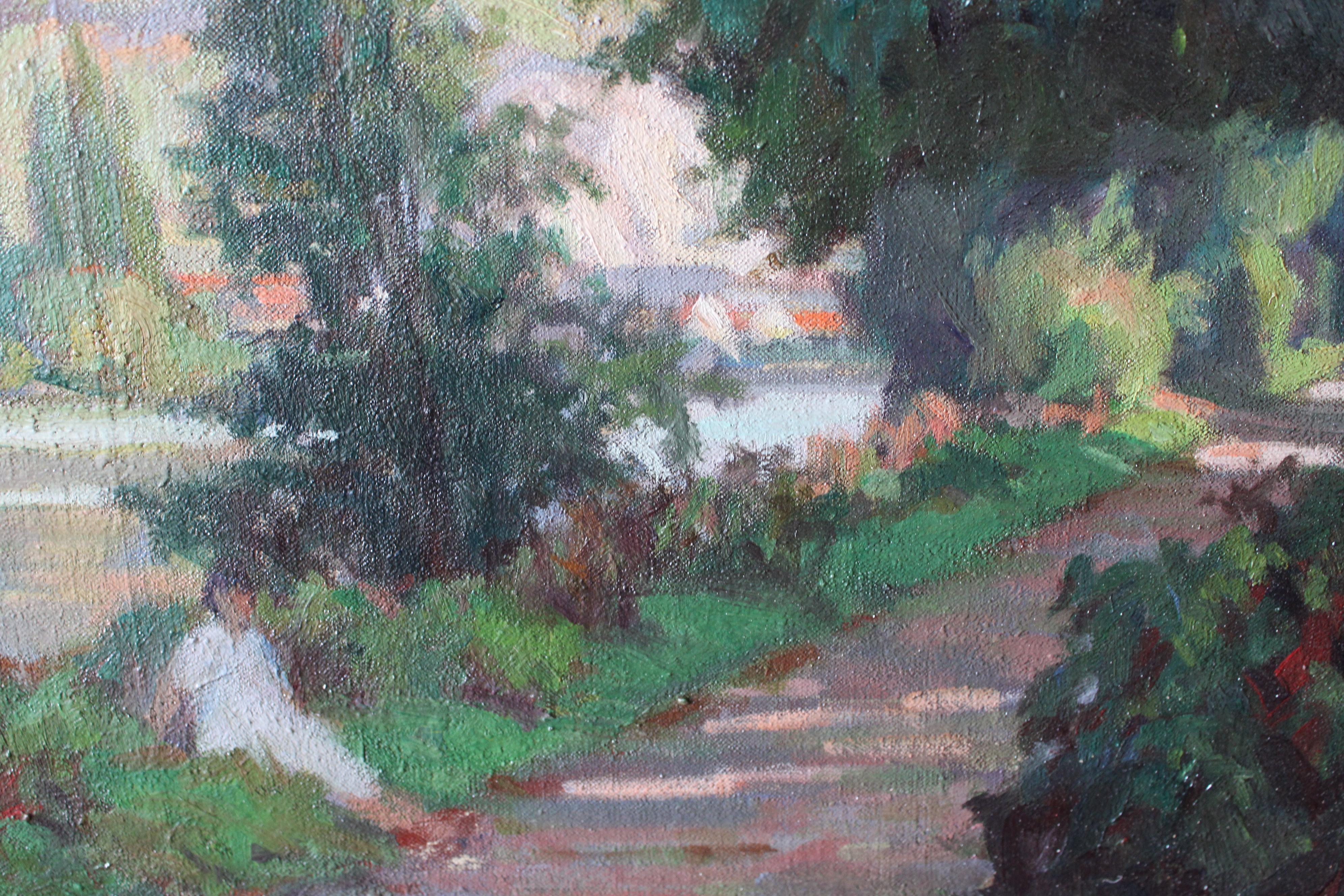 Vintage Post-Impressionist Französisch Landschaft Ölgemälde von einer Frau in der Landschaft (Grau), Figurative Painting, von Jean Arnavielle