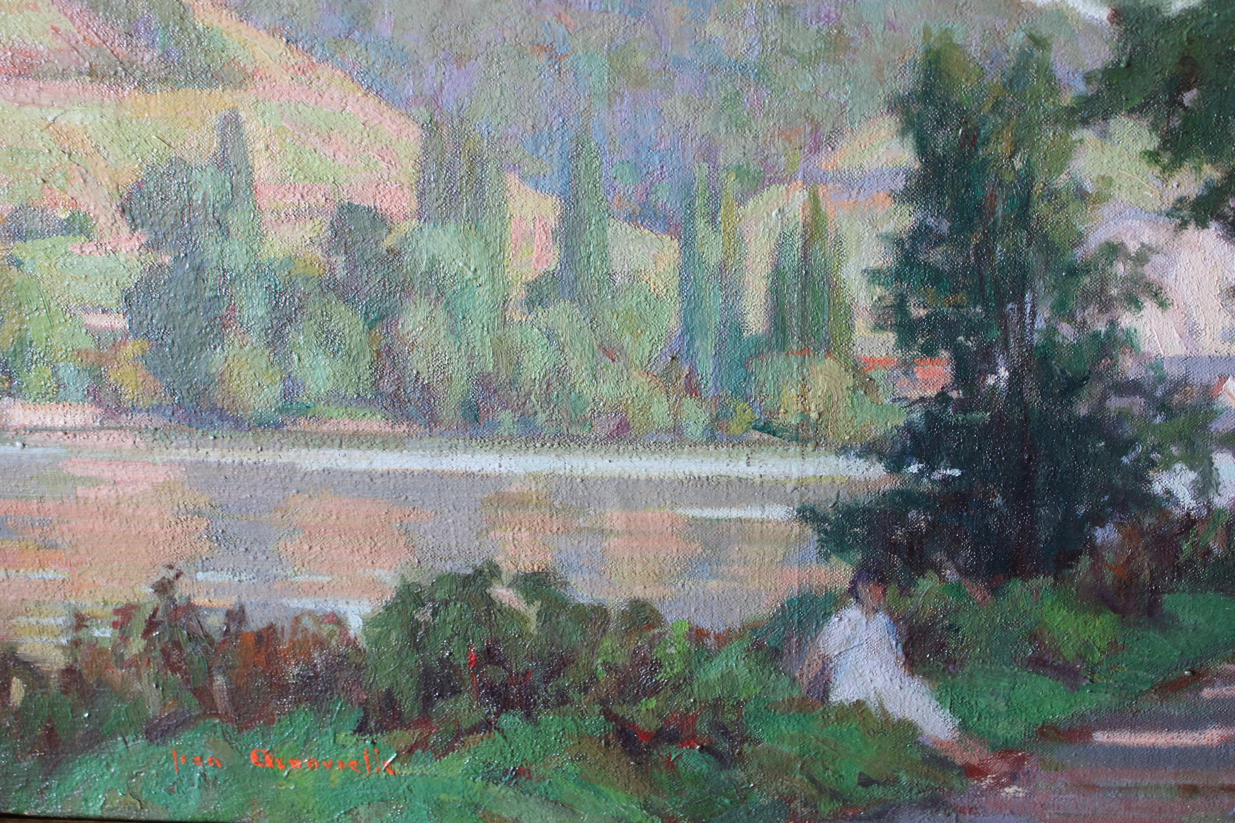Vintage Post-Impressionist Französisch Landschaft Ölgemälde von einer Frau in der Landschaft im Angebot 4