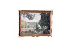 Vintage Post-Impressionist French landscape oil painting of a woman in landscape