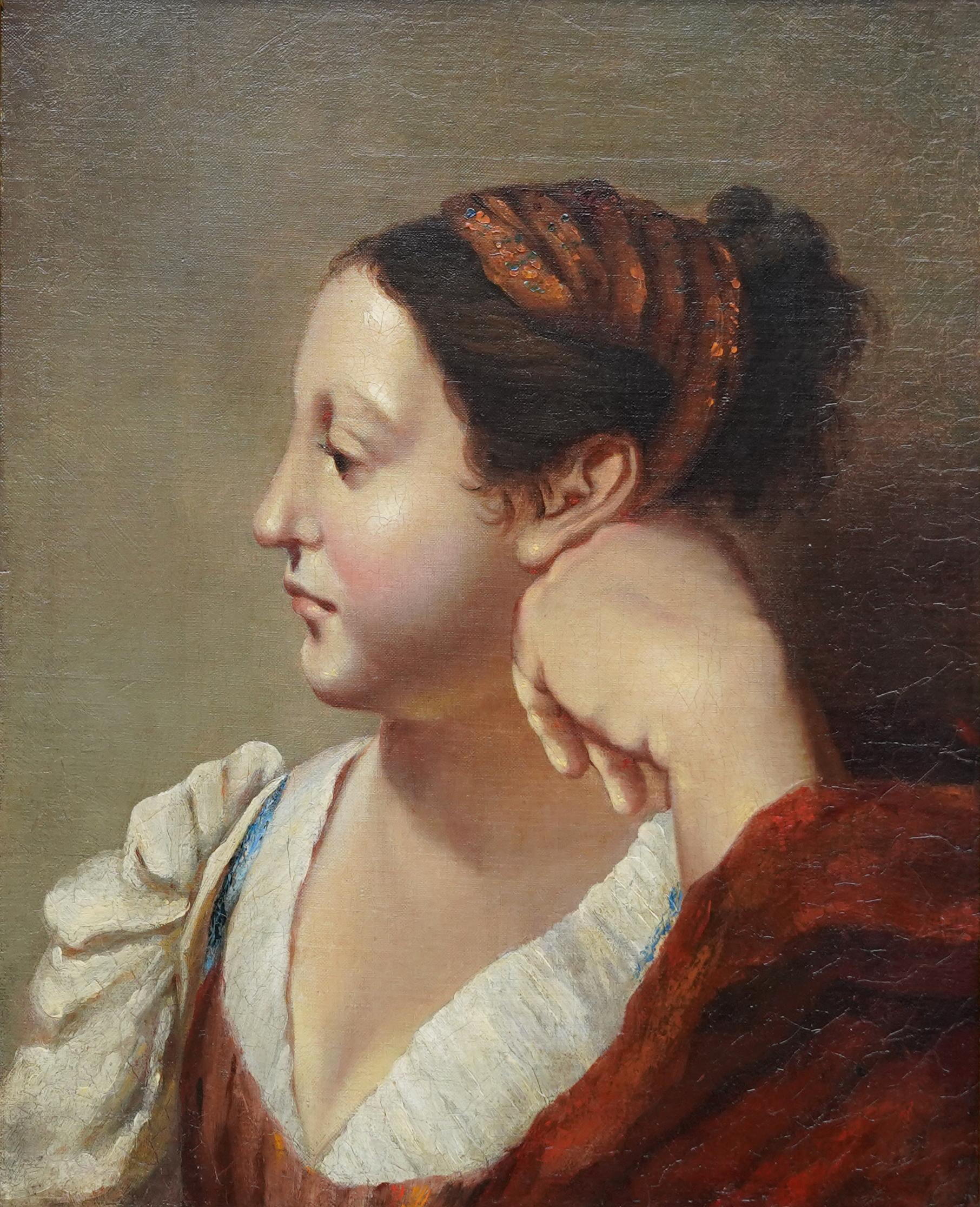 Porträt einer Frau in einem roten Kleid – Französisches Ölgemälde eines alten Meisters – Painting von Jean Auguste Dominique Ingres (circle)