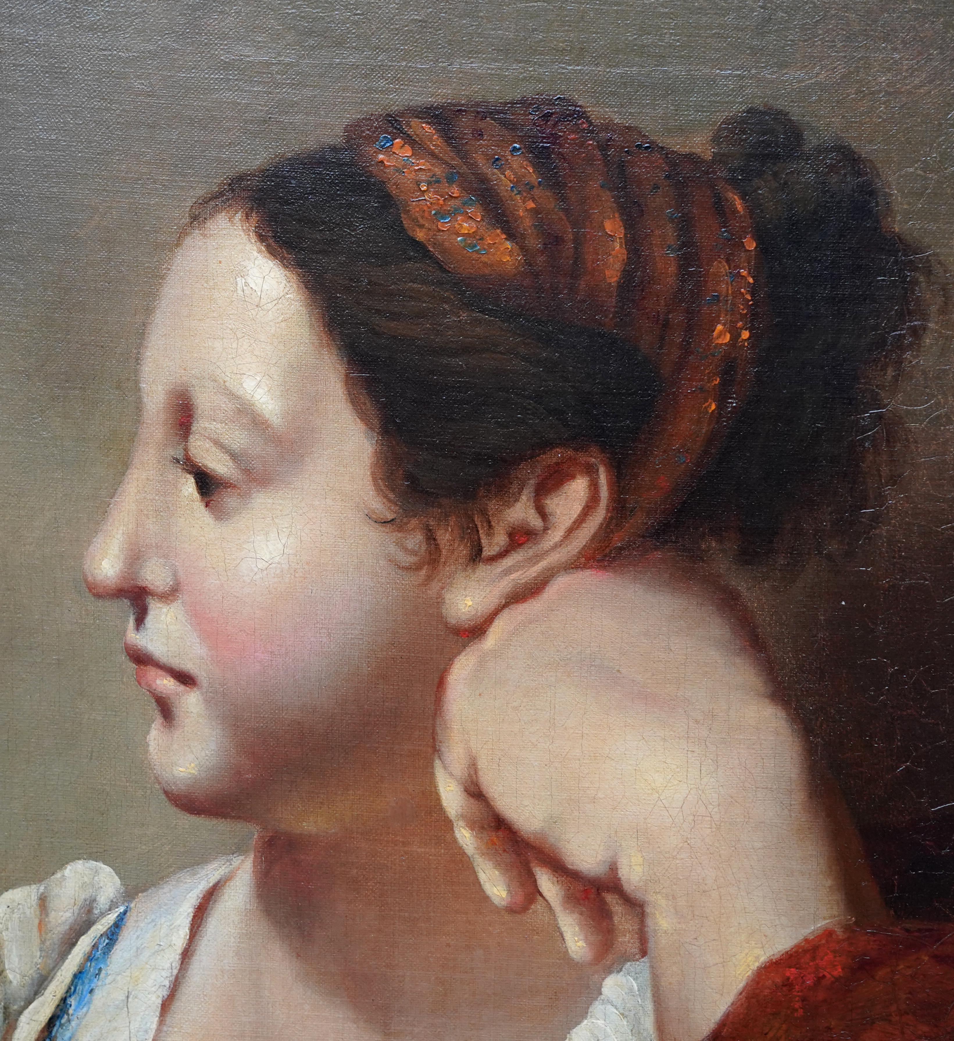 Dieses schöne altmeisterliche französische Porträt-Ölgemälde wird dem Umkreis von Jean Auguste Dominique Ingres zugeschrieben. Es wurde um 1810 gemalt und zeigt das Kopf-Schulter-Profil einer schönen Frau, die ihren Kopf auf eine Hand stützt. Die