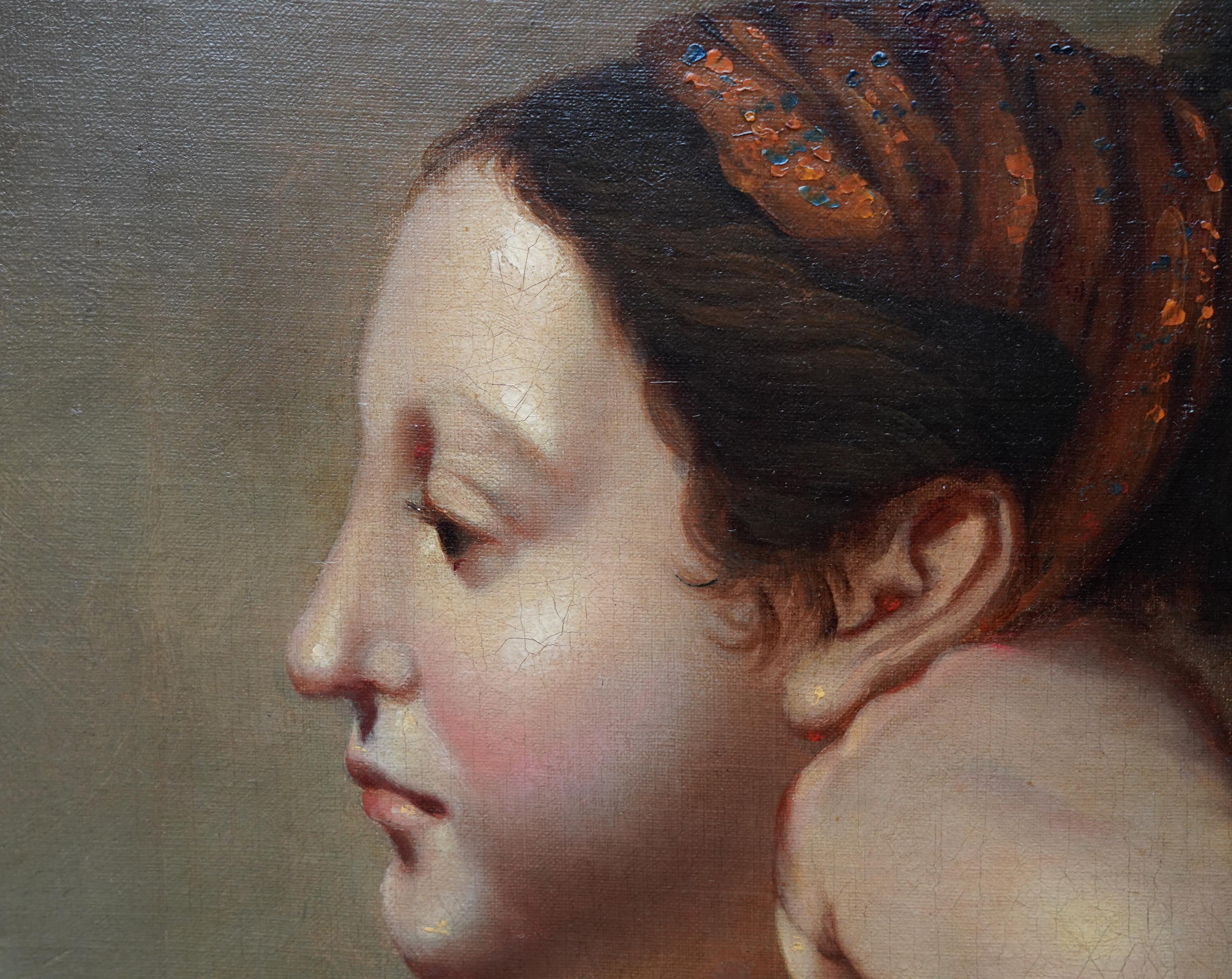 Portrait d'une femme dans une robe rouge - Peinture à l'huile de maître français ancien - Maîtres anciens Painting par Jean Auguste Dominique Ingres (circle)