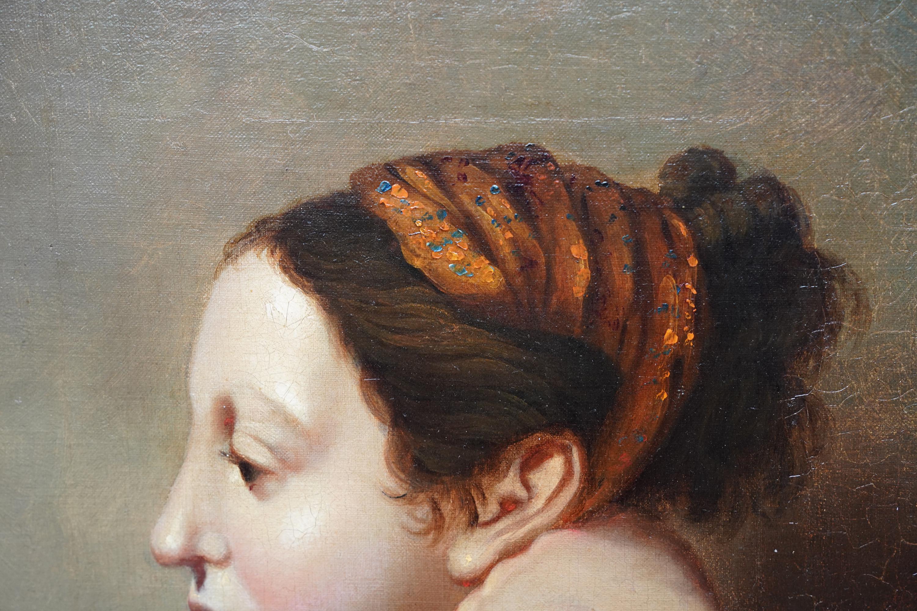 Ce charmant portrait à l'huile de maître ancien français est attribué au cercle de Jean Auguste Dominique Ingres. Peinte vers 1810, elle représente une belle femme de profil, tête et épaules, reposant sa tête sur une main. L'attention portée aux