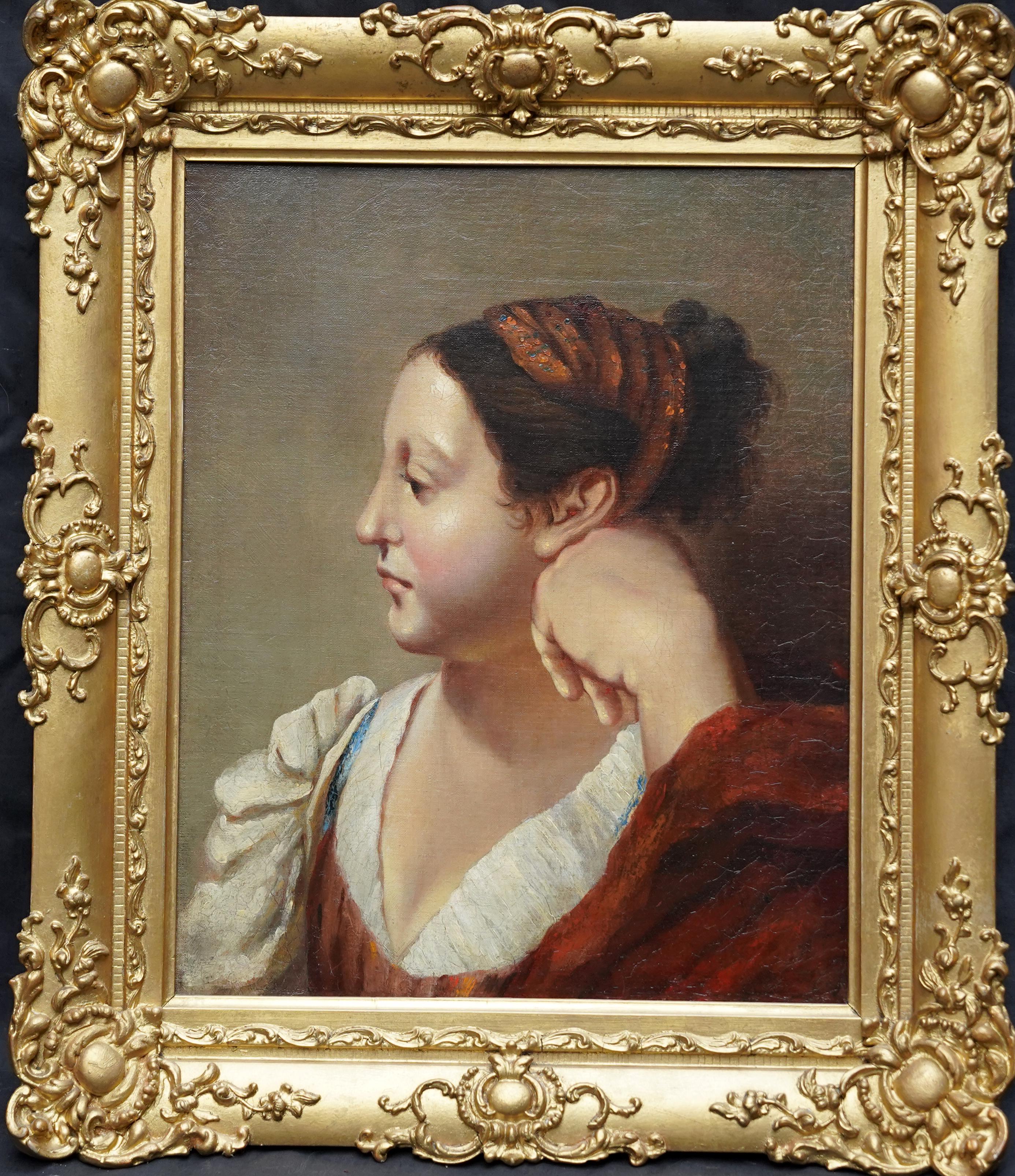 Portrait d'une femme dans une robe rouge - Peinture à l'huile de maître français ancien en vente 3