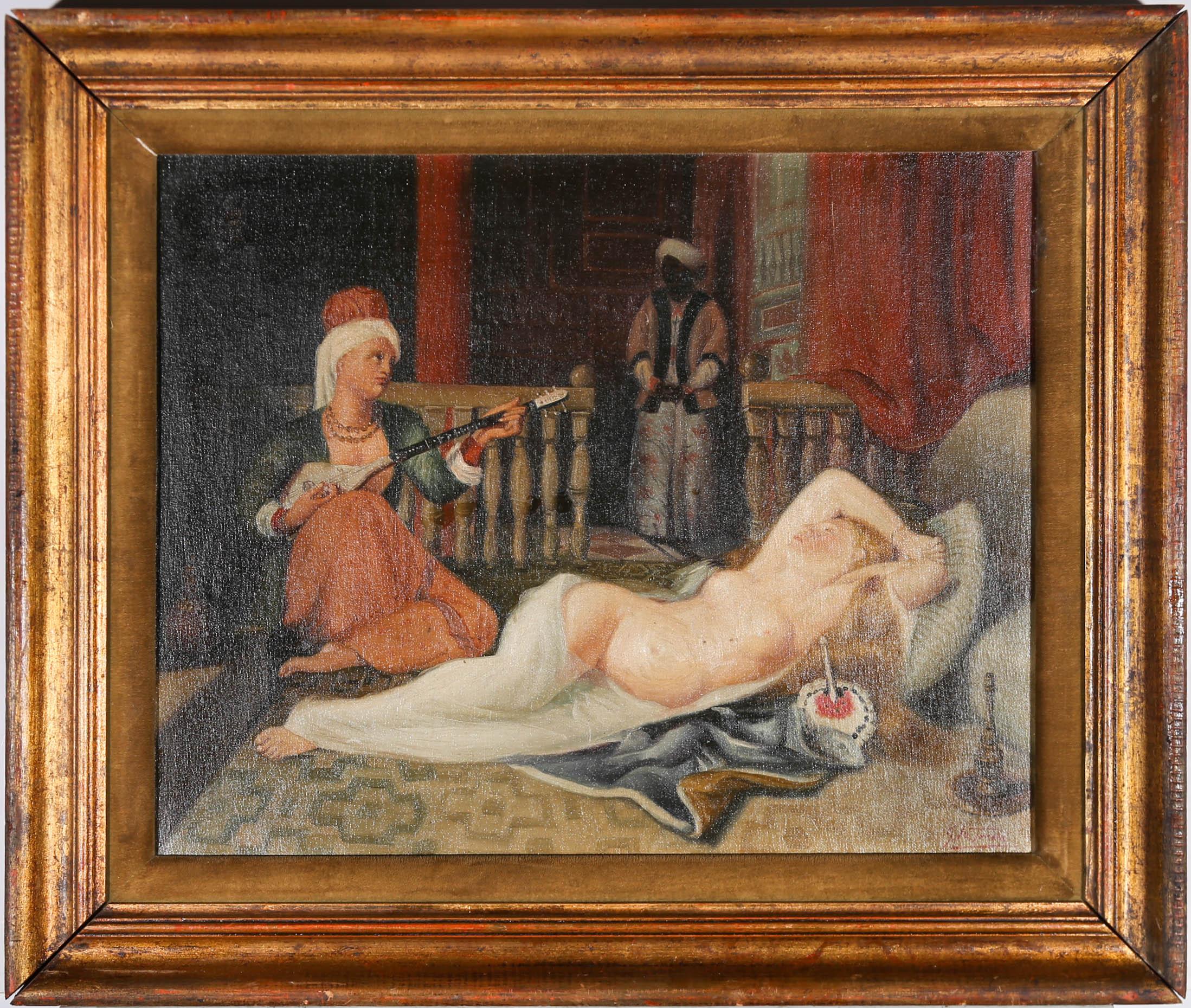 A fine study of Ingres' Odalisque which was originally painted in 1839 under the commission of Charles Marcotte. The painting depicts a reclining female nude who is entertained by two servants. The original has been widely studied by scholars for