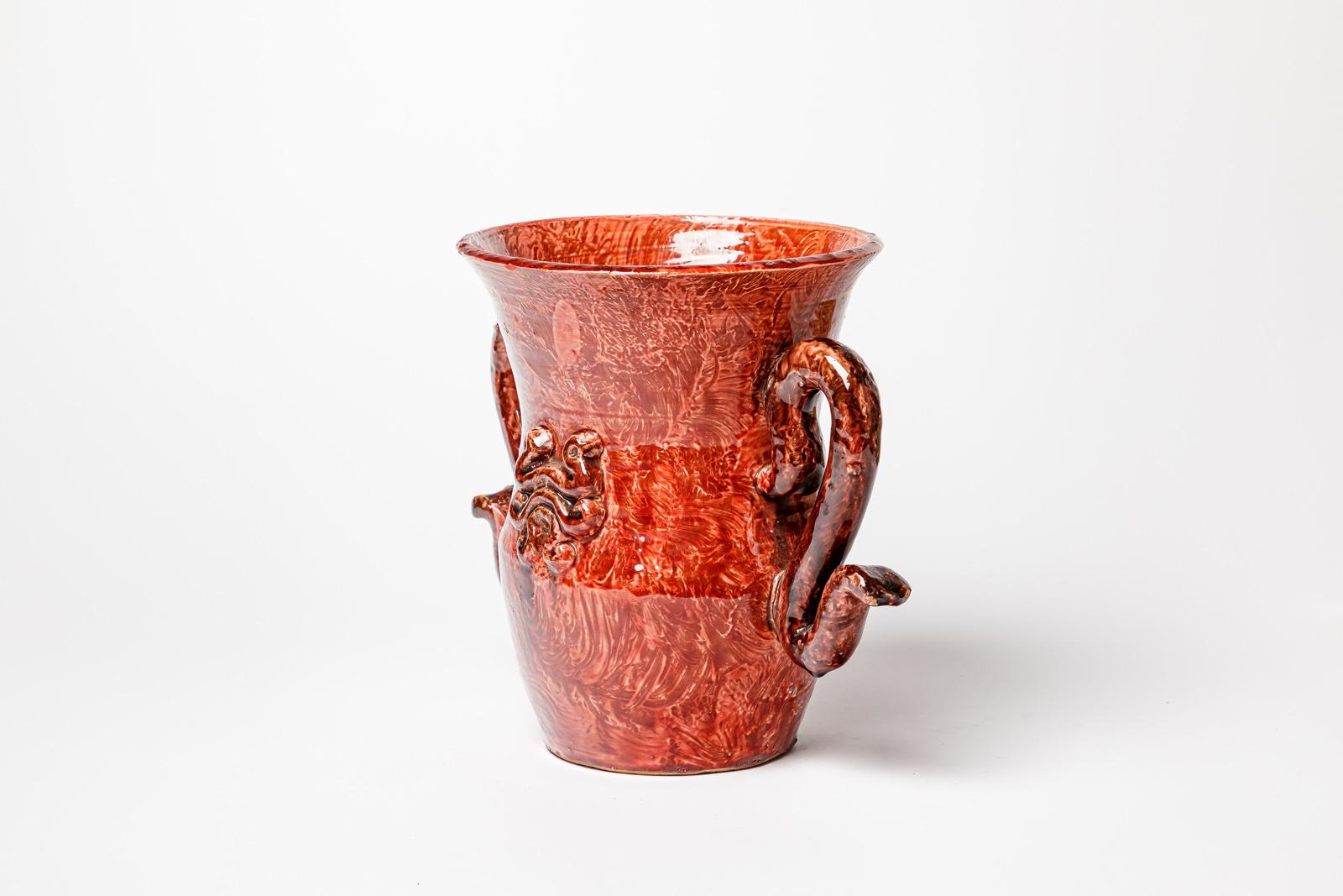 Mid-Century Modern Jean Austruy Art Deco 20th Century Red Ceramic Vase circa 1950 Design For Sale