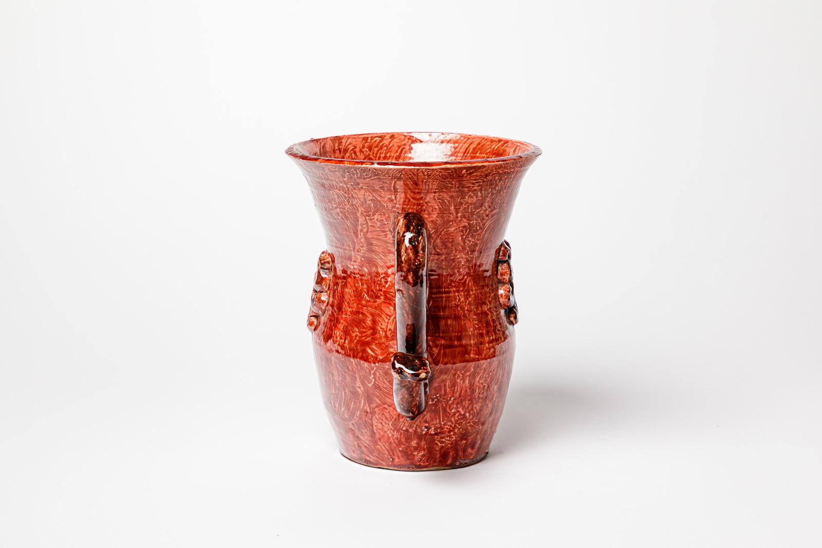 French Jean Austruy Art Deco 20th Century Red Ceramic Vase circa 1950 Design For Sale