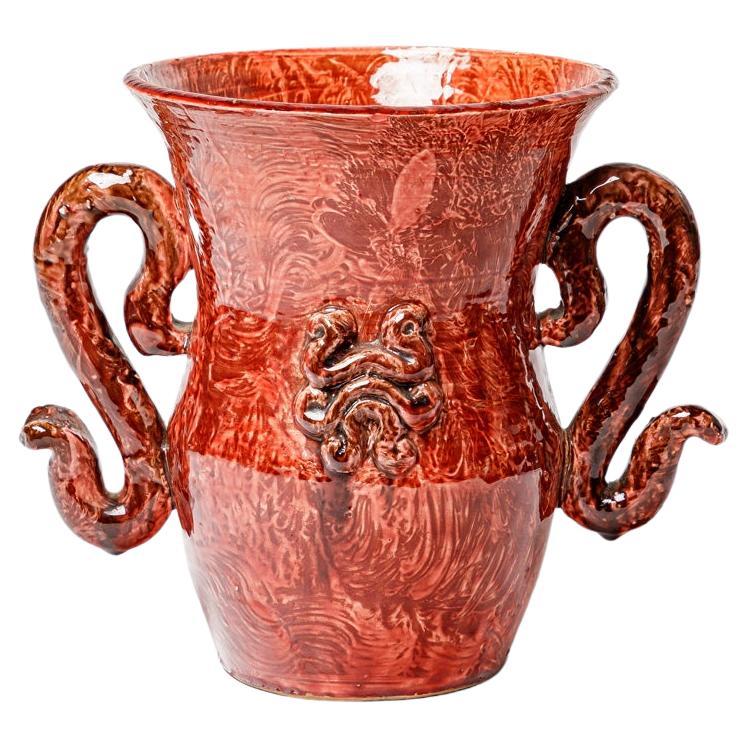 Jean Austruy Art Deco 20th Century Red Ceramic Vase circa 1950 Design For Sale