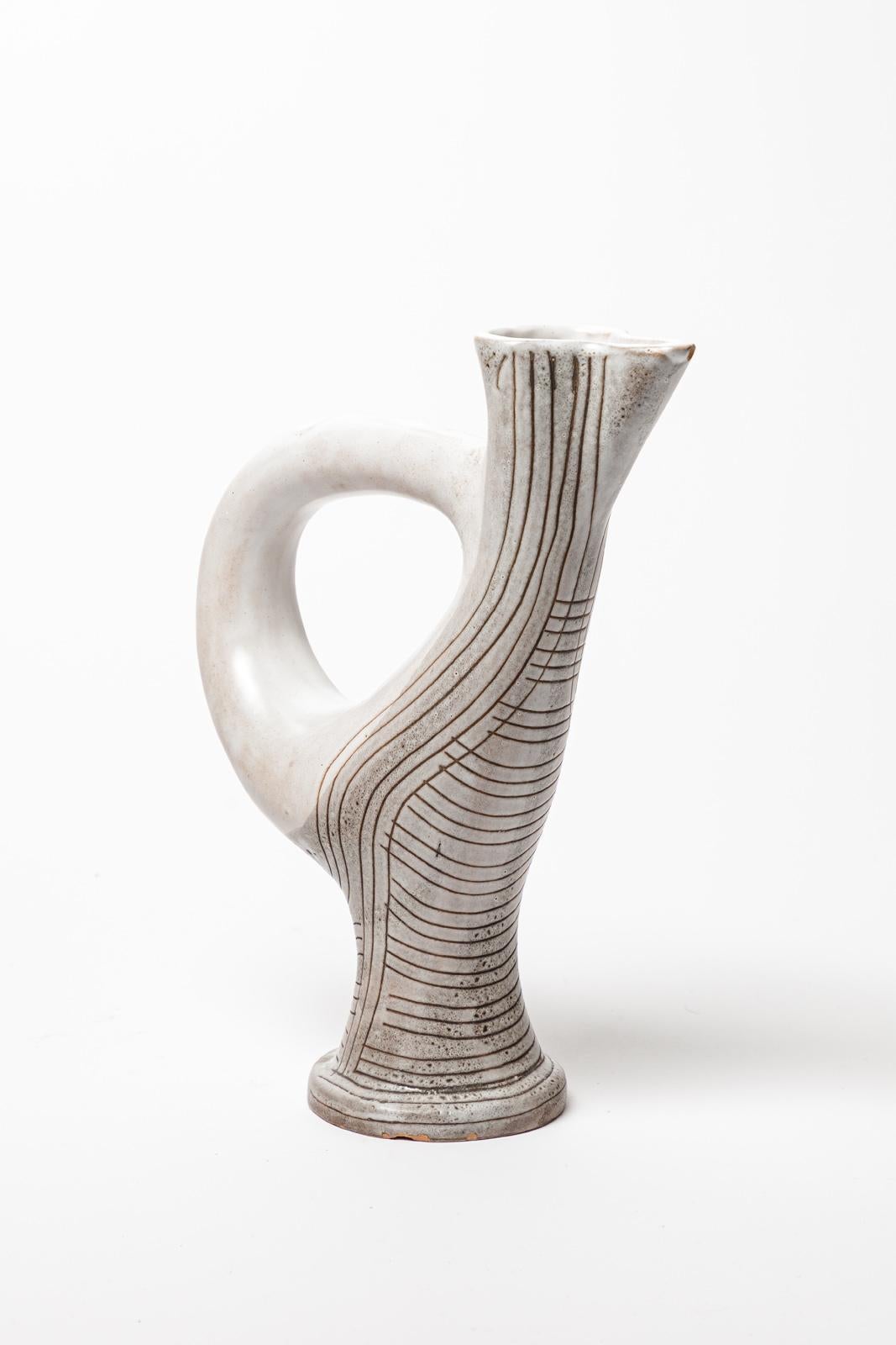Mid-Century Modern Jean Austruy Large White and Grey Free Form Ceramic Pitcher, circa 1960 For Sale