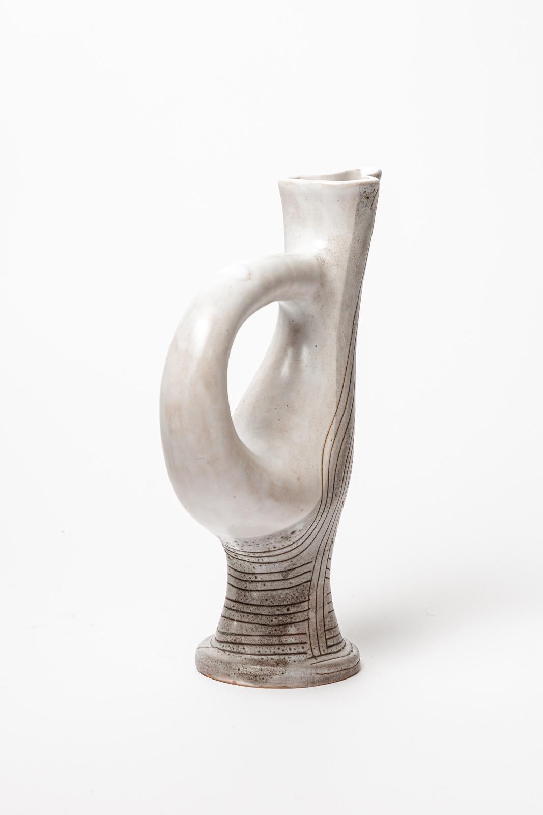 French Jean Austruy Large White and Grey Free Form Ceramic Pitcher, circa 1960 For Sale