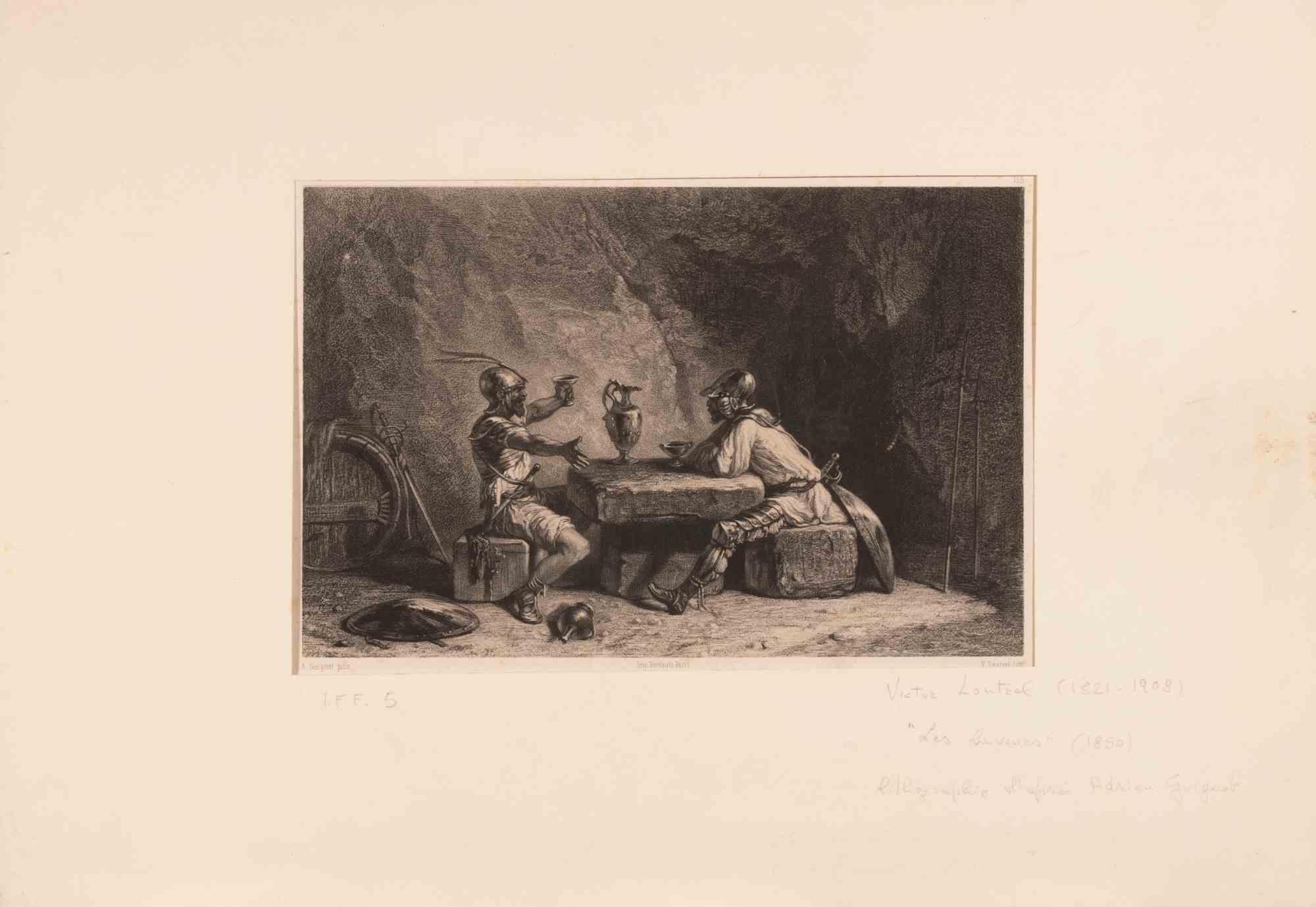 Figurative Print de Jean Bactiste Victor Loutrel - Les Buveurs - Litografía de Victor Loutrel - 1850