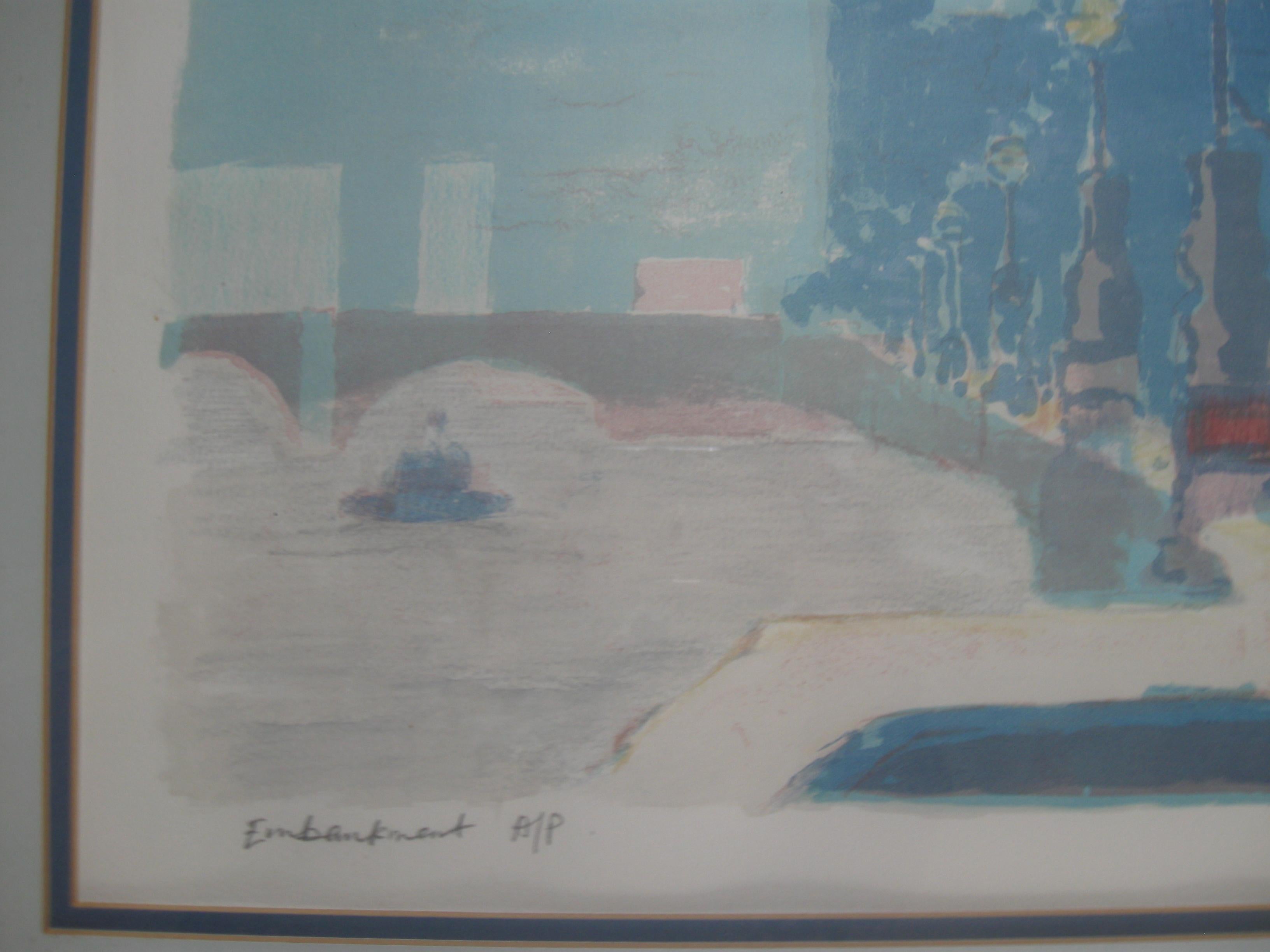 Jean Banham. 'The Embankment, The Thames , London'  Lithograph C1960's For Sale 1