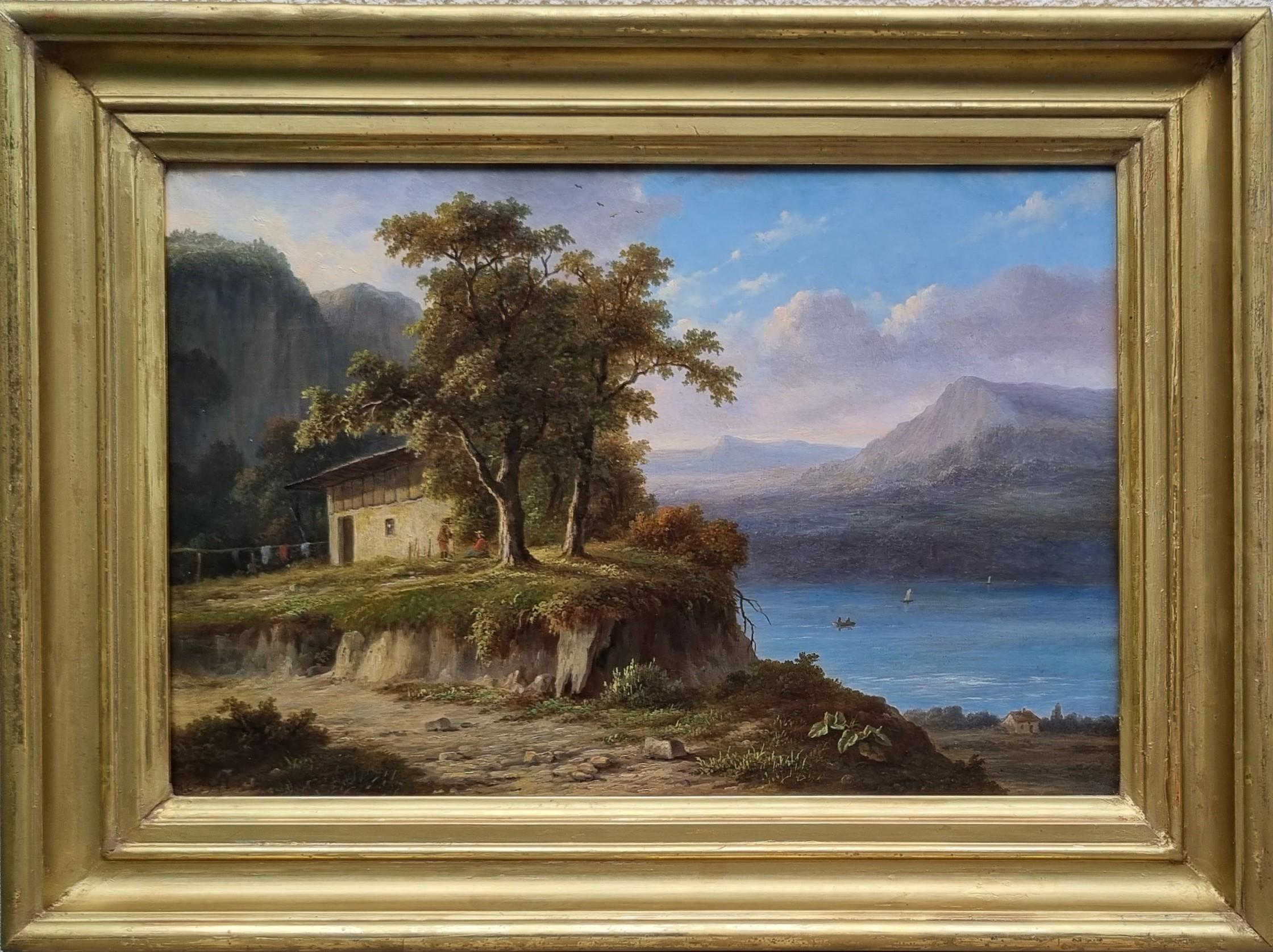 Pittura romantica di paesaggio COENE Montagne Lago Belga 19° secolo - Painting di Jean-Bapiste COENE
