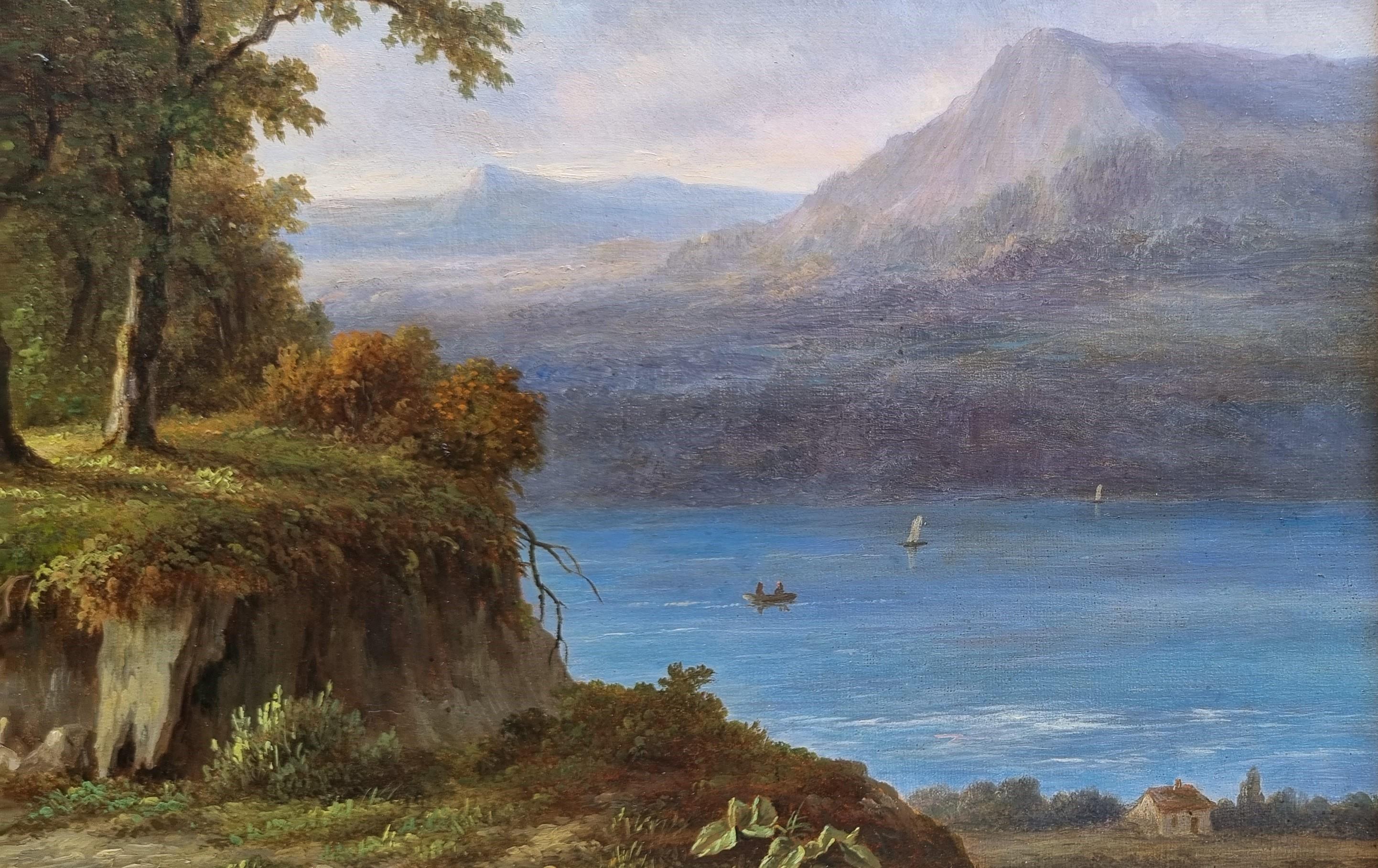 Pittura romantica di paesaggio COENE Montagne Lago Belga 19° secolo - Landscape Painting Nero di Jean-Bapiste COENE