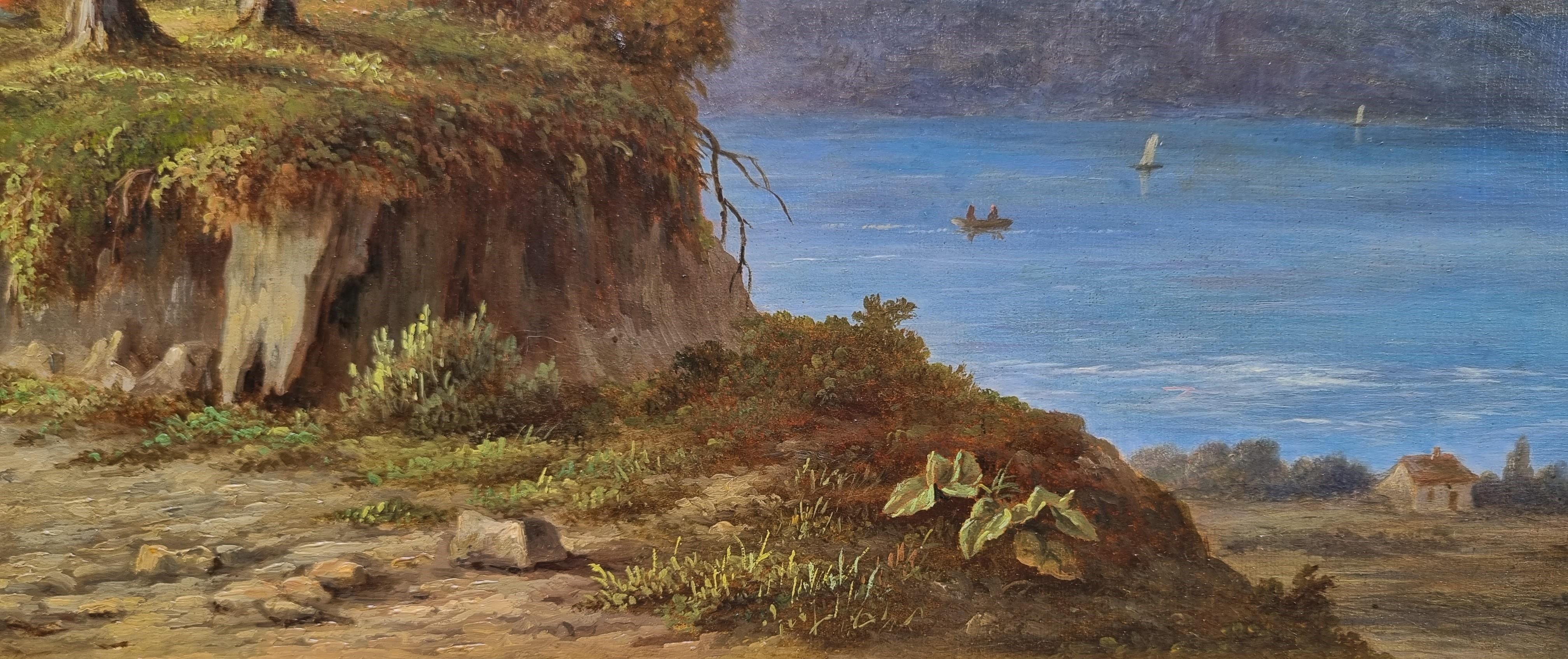 Pittura romantica di paesaggio COENE Montagne Lago Belga 19° secolo in vendita 1