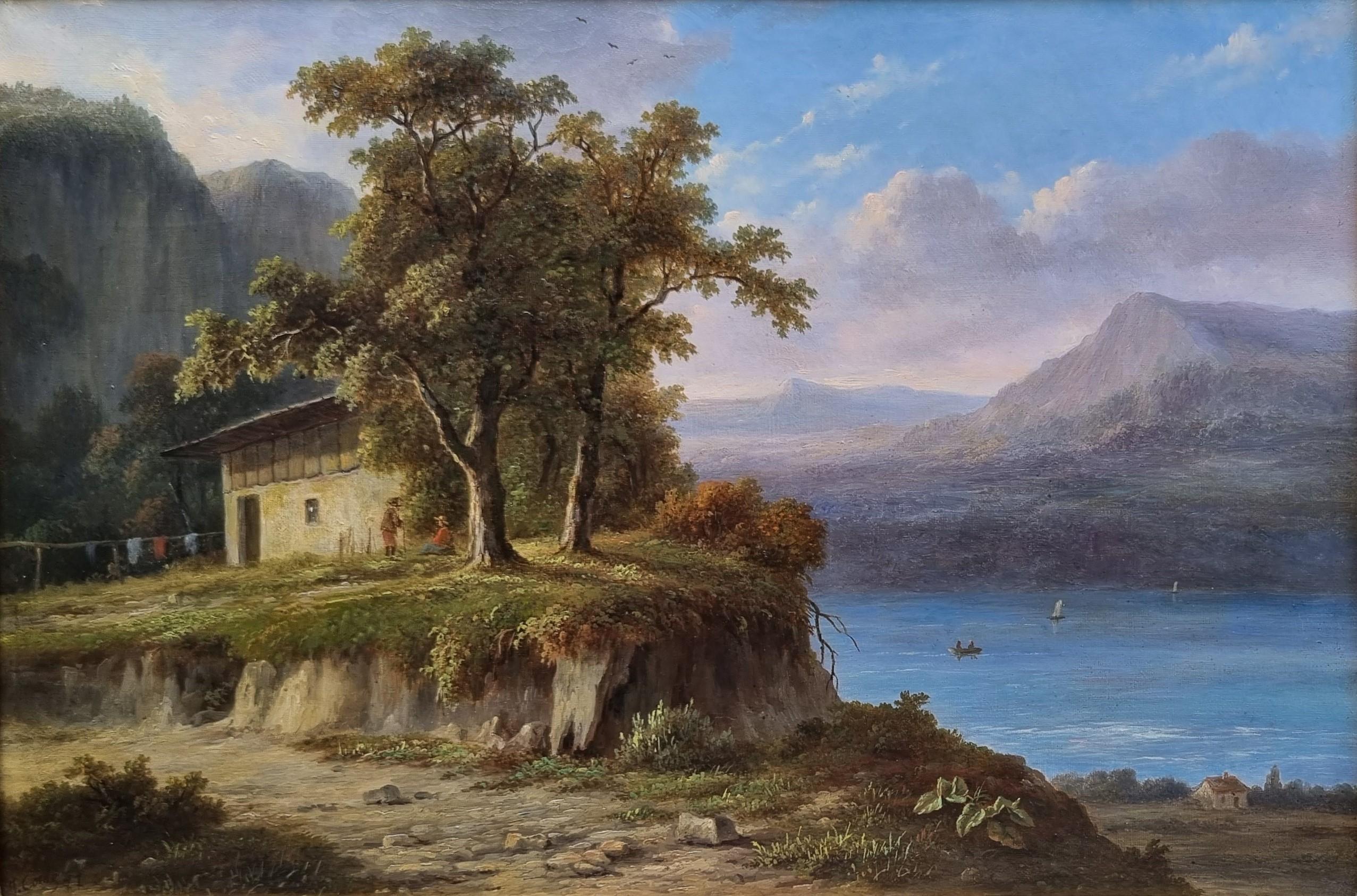 Landscape Painting di Jean-Bapiste COENE - Pittura romantica di paesaggio COENE Montagne Lago Belga 19° secolo