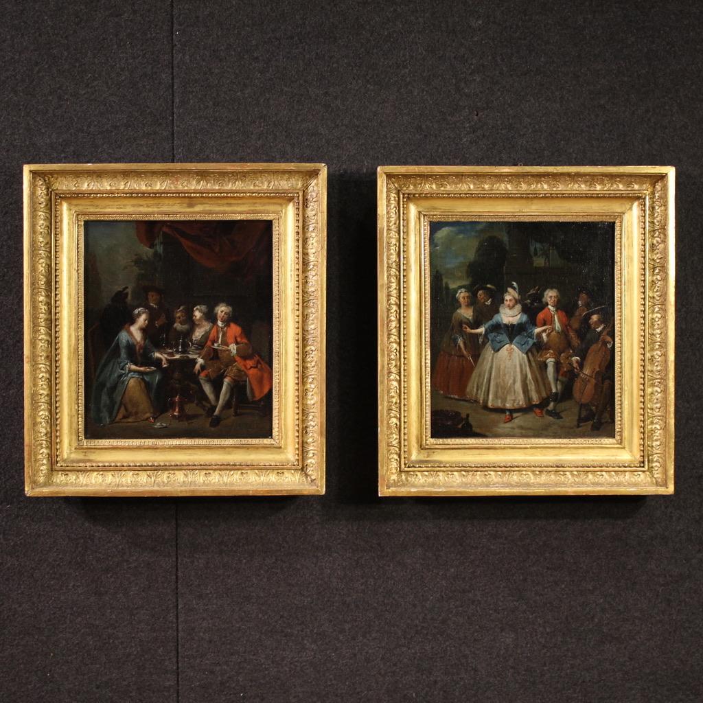 Paar Öl auf Leinwand aus dem 18. Jahrhundert Flämisch Antike Gallant-Szenen Gemälde 1720