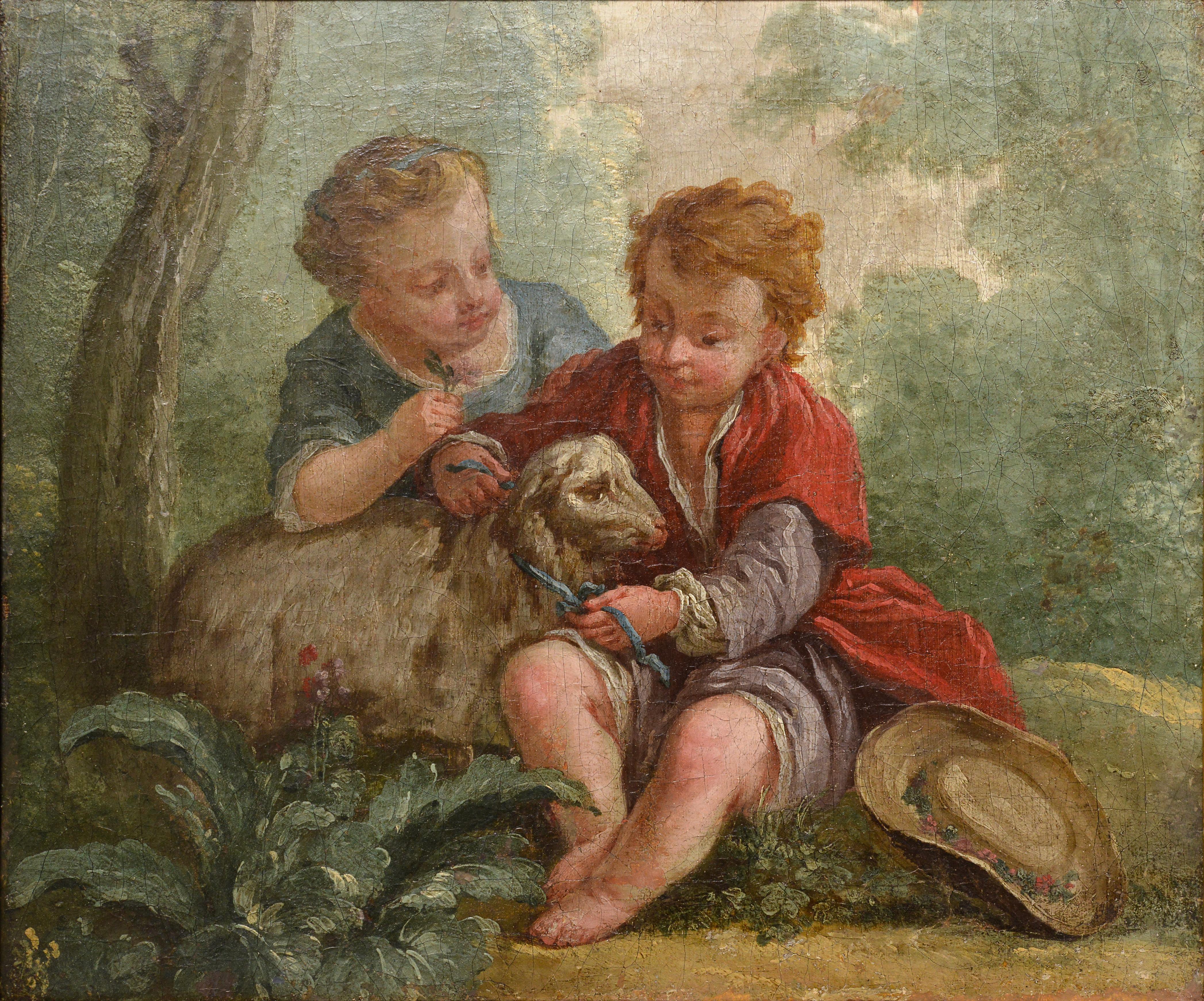 Scène d'enfants et d'agneaux 18e siècle Huile sur toile d'un maître français du rococo - Painting de Jean Baptist Marie Huet
