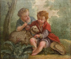 Children w Lamb Scene 18th century Oil painting by French Rococo Master
