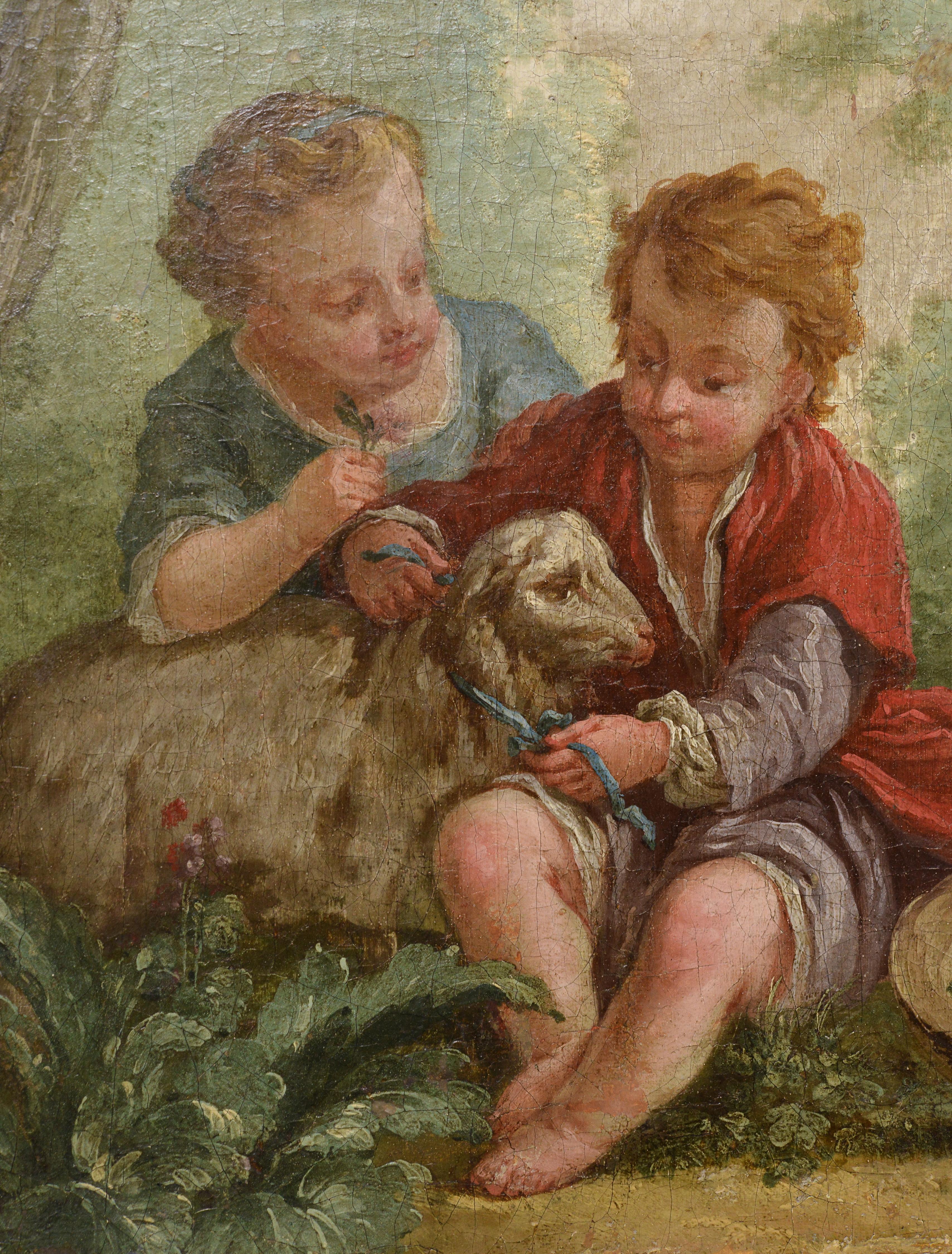 Painting was attributed to Jean-Baptiste Marie Huet (1745 - 1811) by Cabinet Turquin (France). A cute scene with children tying a ribbon around the neck of a young lamb. Rococo in this work was expressed in a light and cheerful theme. Pastel, light