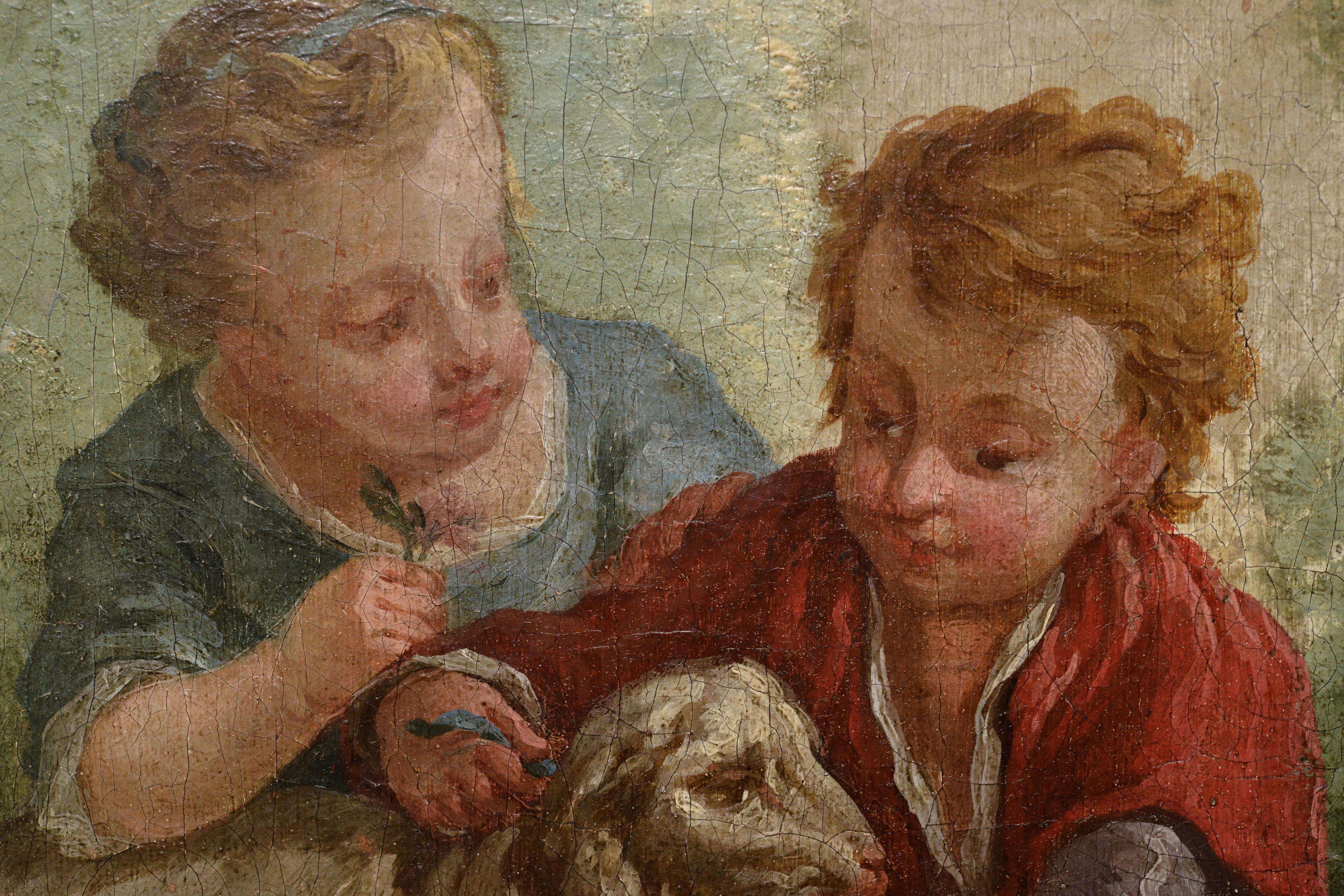 Painting was attributed to Jean-Baptiste Marie Huet (1745 - 1811) by Cabinet Turquin (France). A cute scene with children tying a ribbon around the neck of a young lamb. Rococo in this work was expressed in a light and cheerful theme. Pastel, light