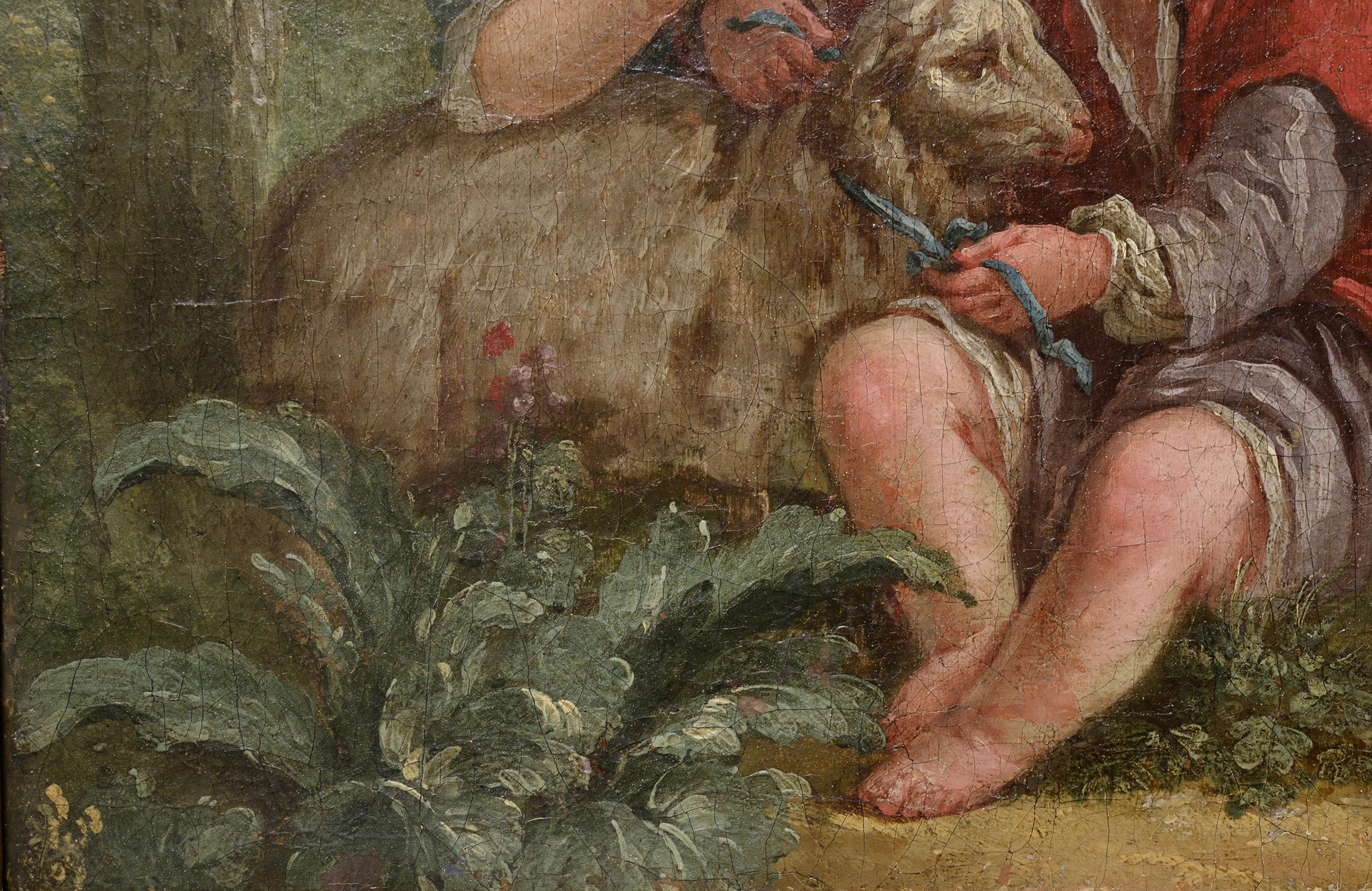 Le tableau a été attribué à Jean-Baptiste Marie Huet (1745 - 1811) par le Cabinet Turquin (France). Une scène mignonne avec des enfants qui nouent un ruban autour du cou d'un jeune agneau. Dans cette œuvre, le rococo s'exprime par un thème léger et