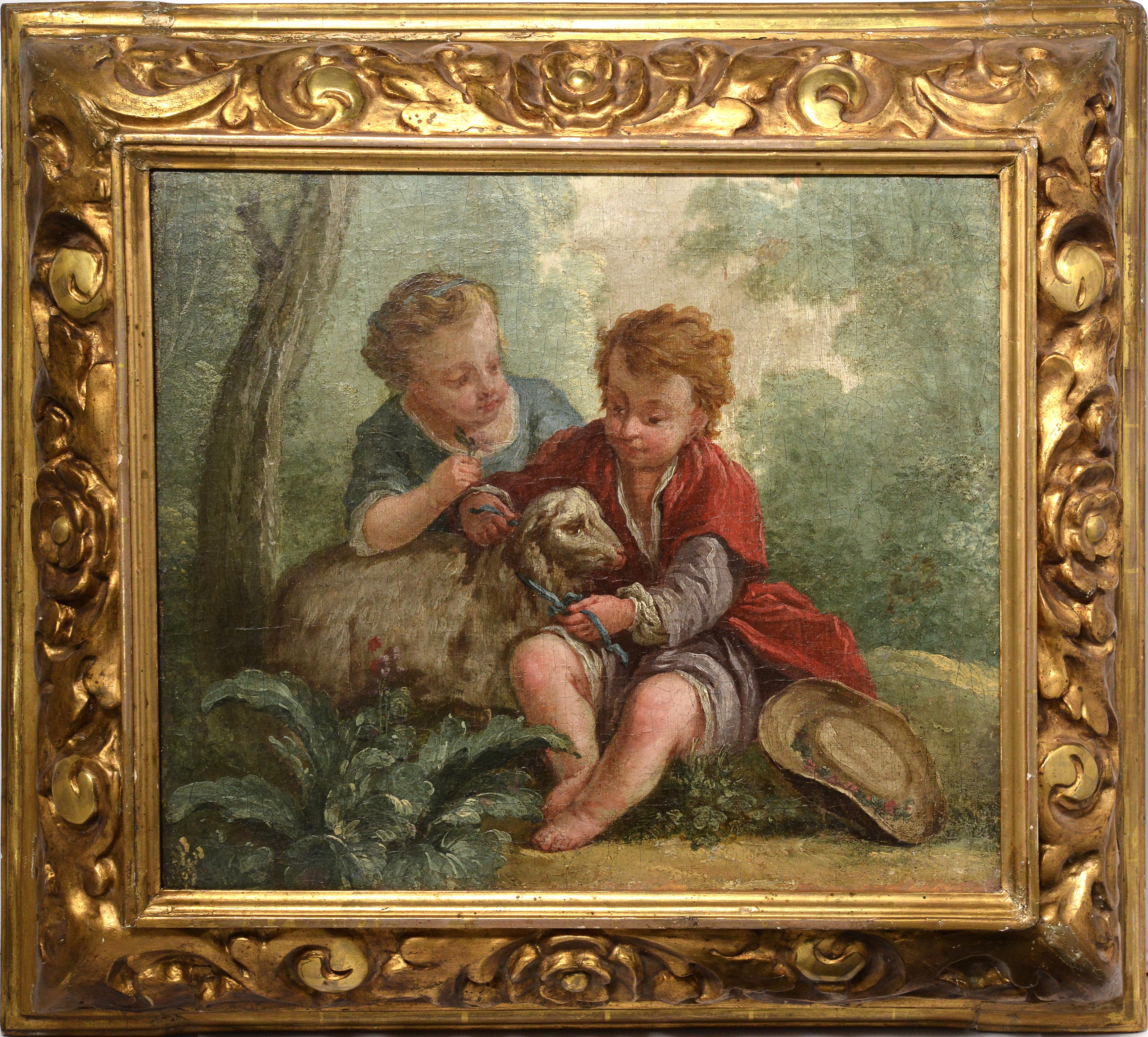 Children w Lamb Scene 18th century Oil painting by French Rococo Master