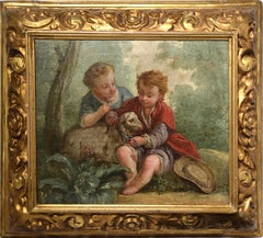 Antique Children w Lamb Scene 18th century Oil painting by French Rococo Master