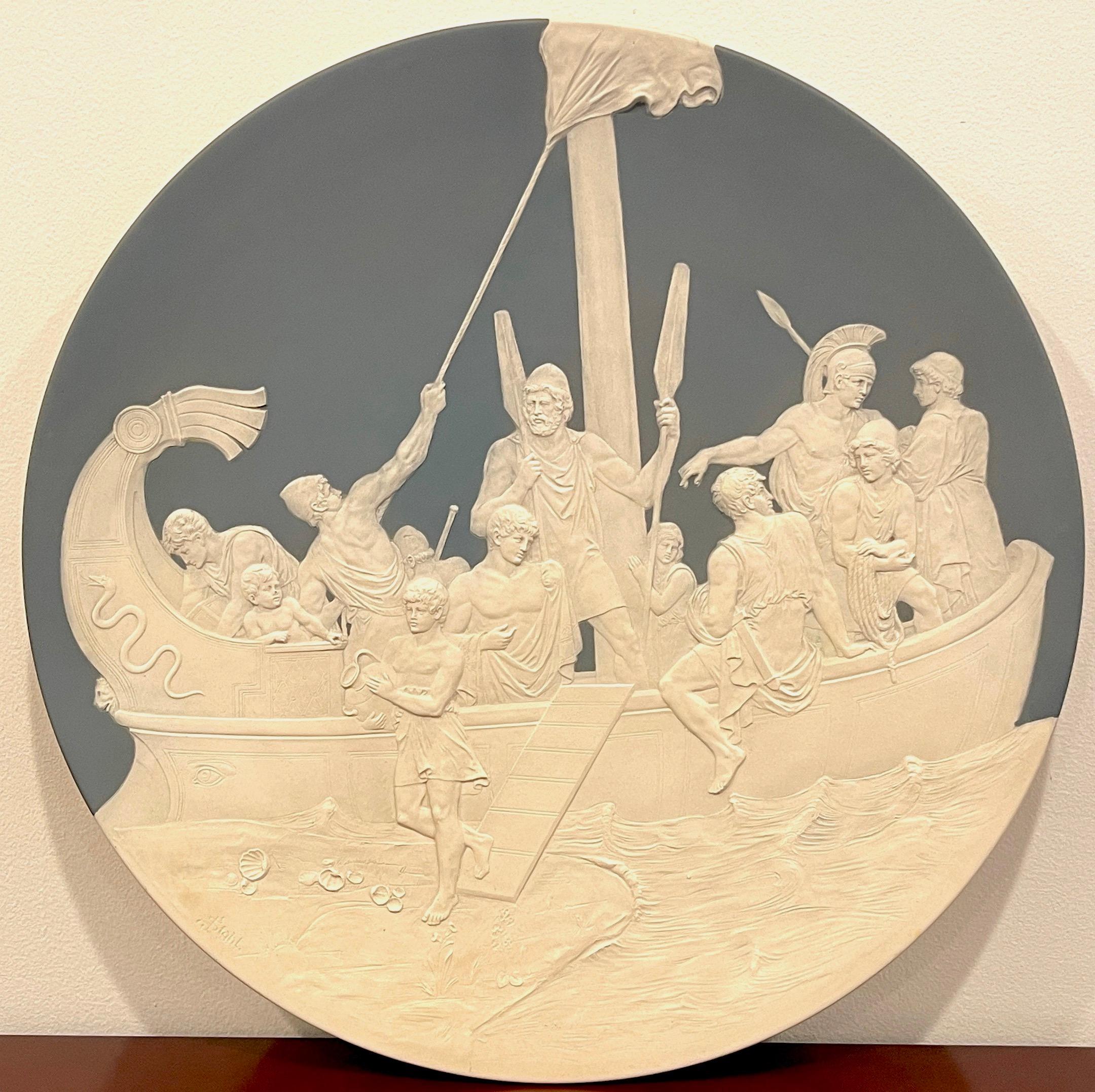 Jean Baptist Stahl Pate-sur-Pate/ Phanolith neoclassical charger of the argo
Germany, circa 1899
An exceptional large pâte-sur-pâte/ phanolith Neoclassical charger/plaque depicting the Greek mythology story of Jason and eleven argonauts on the