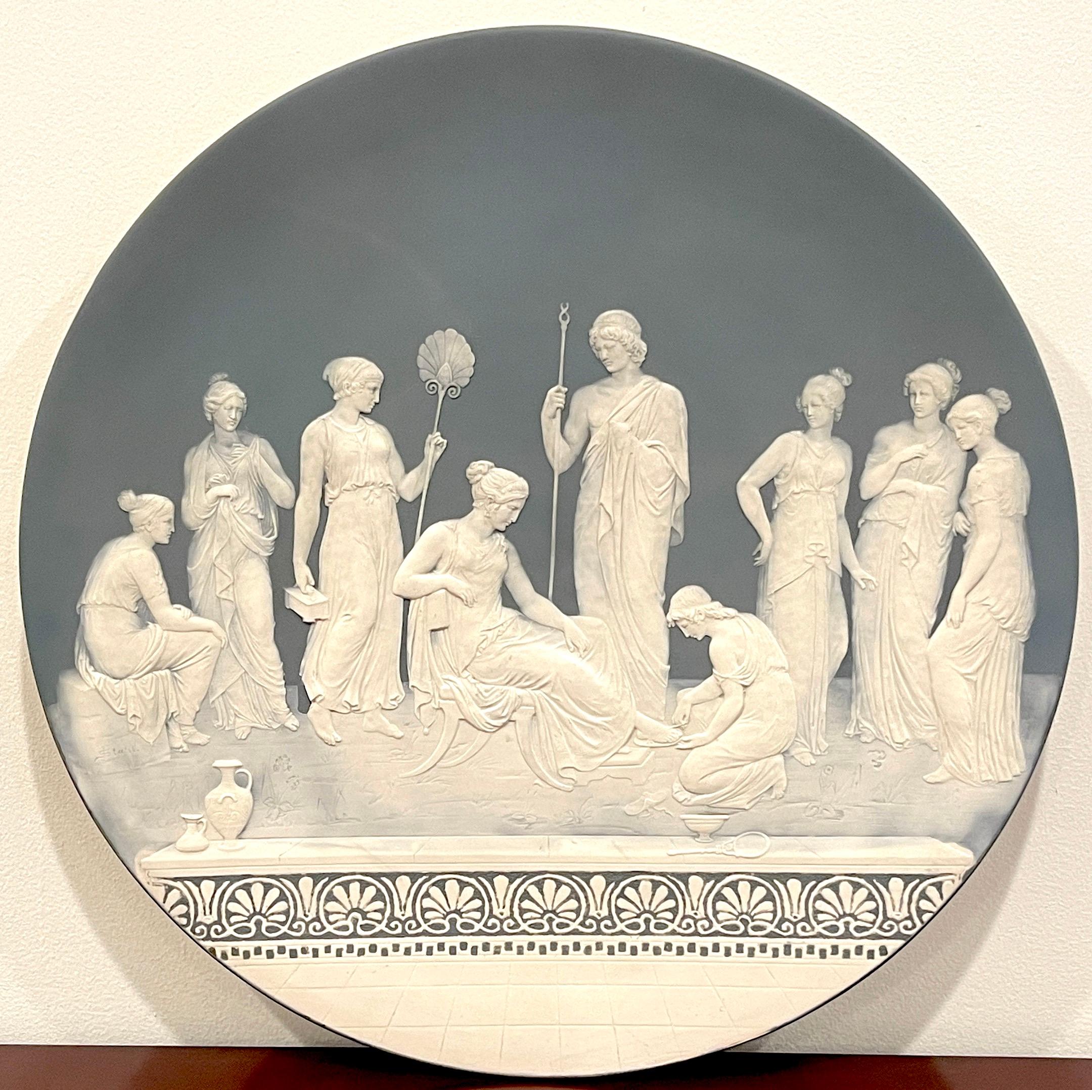 Jean Baptist Stahl Pate-sur-Pate/ Phanolith neoclassical court scene charger 
Germany, circa 1899
An exceptional large pâte-sur-pâte/ phanolith Neoclassical nine draped figures in a highly detailed decorated court scene.
The decoration is