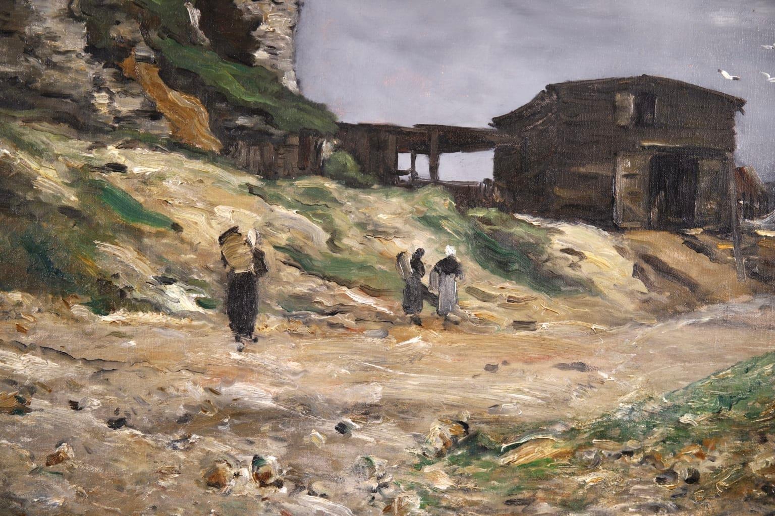 Wonderful signed oil on canvas by French impressionist painter Jean Baptiste Antoine Guillemet, a pivotal figure in the transition from Realism to Impressionism. The work depicts a view of the cliffs at Le Pollet, Dieppe with figures walking along