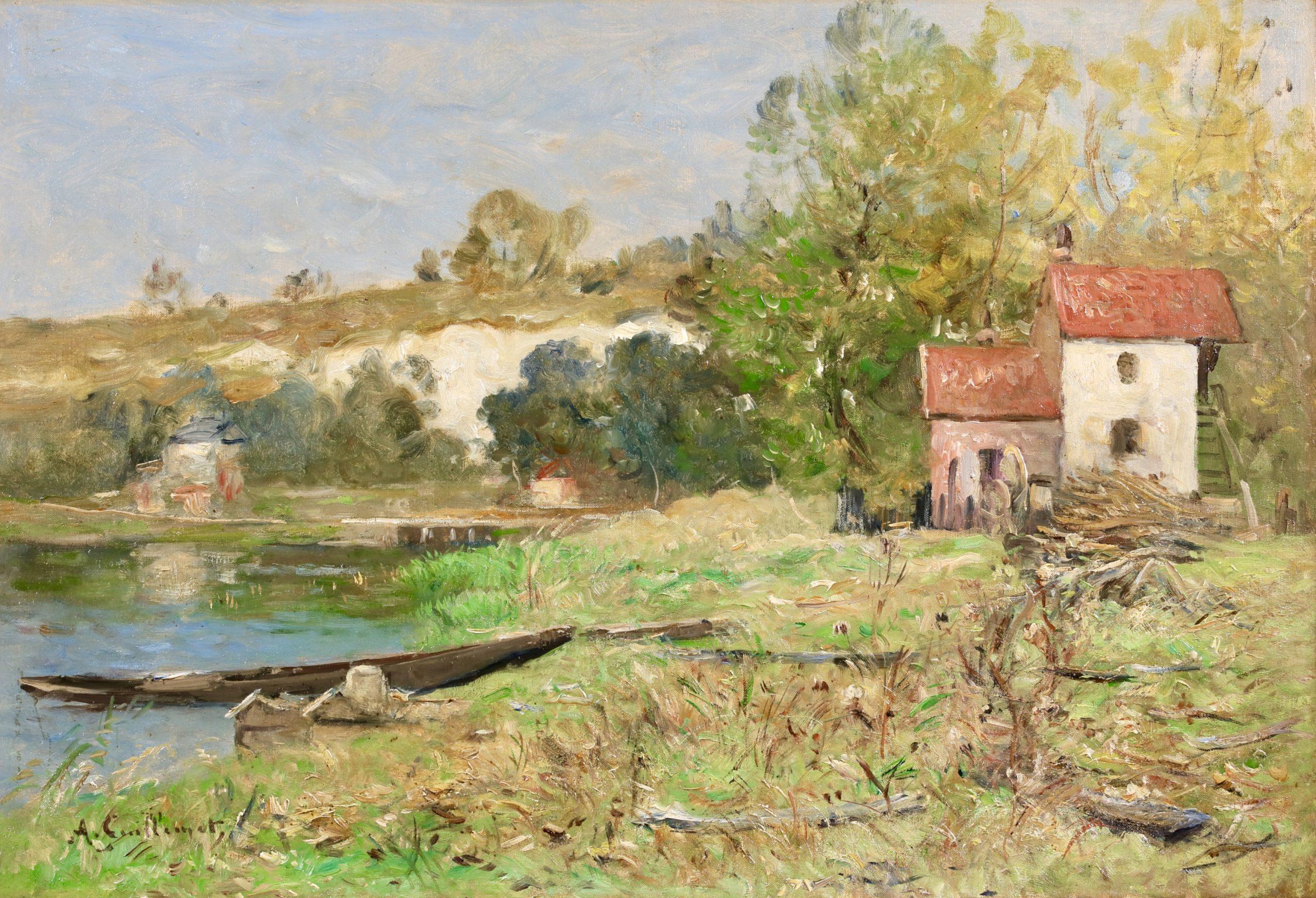Signed oil on canvas riverscape circa 1900 by French impressionist painter Jean Baptiste Antoine Guillemet. The work depicts a view of a cottage beside a river on a bright summer's day. The is a mall row boat tied at the water's