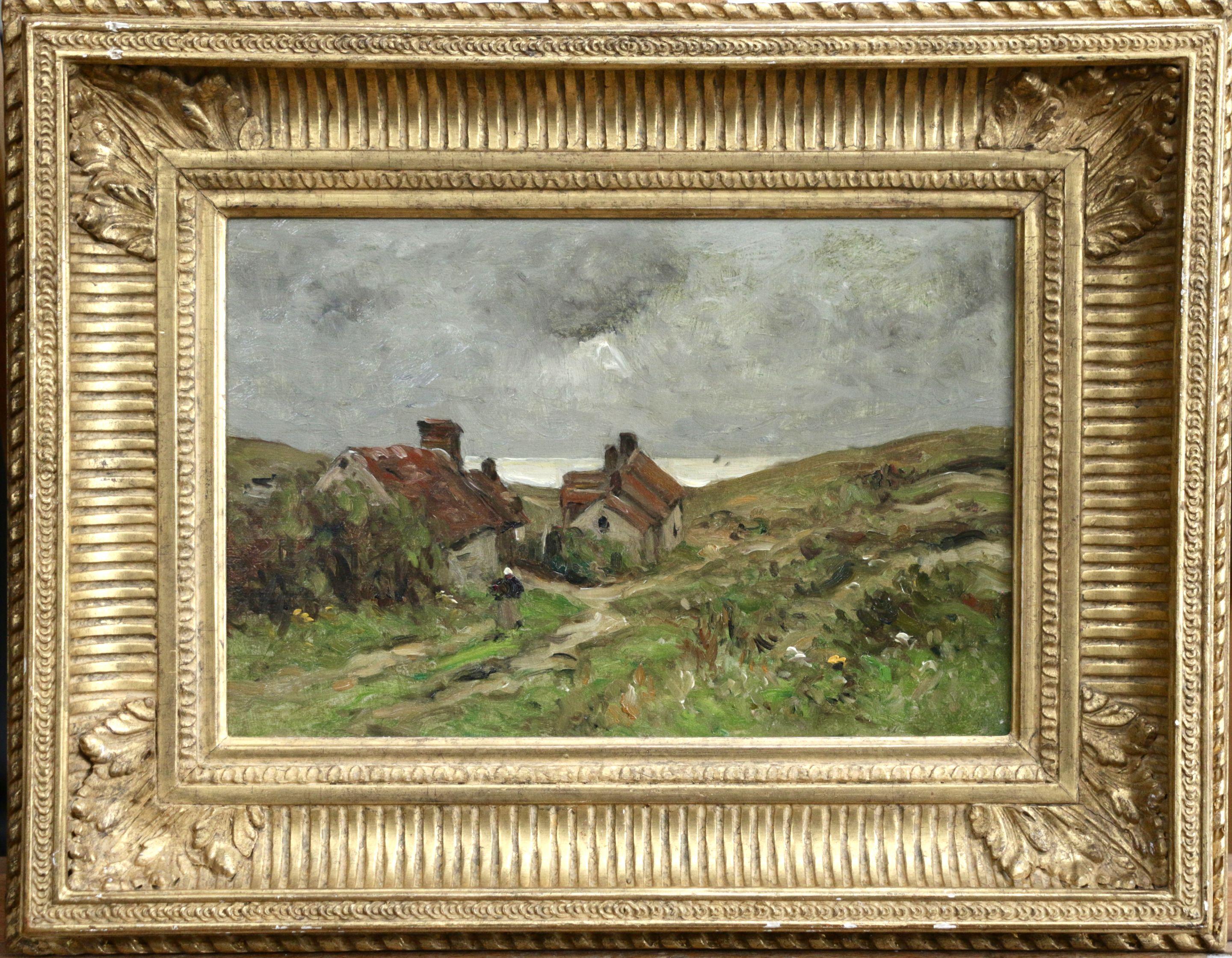 Cottages by the Sea -19th Century Oil, Figure & Houses in Landscape by Guillemet - Painting by Jean-Baptiste-Antoine Guillemet